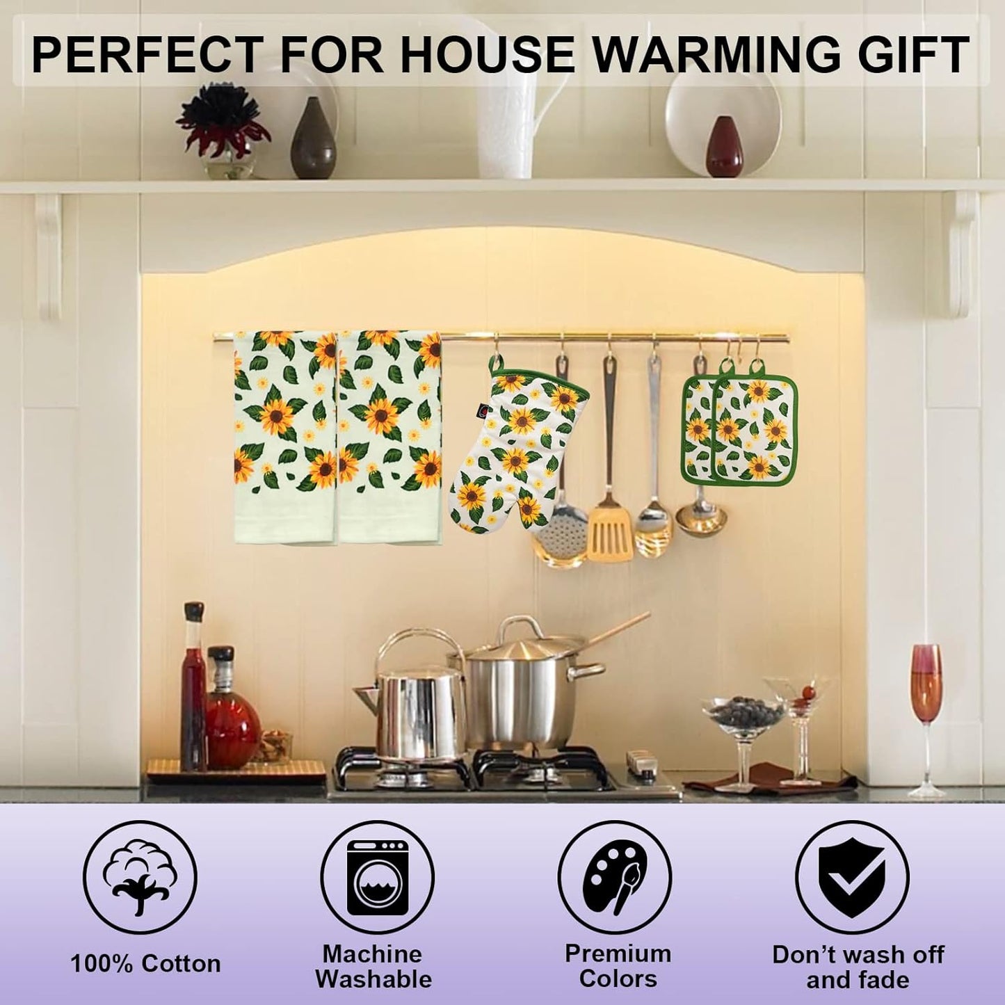 Oven Mitts and Potholders Dish Towles Set 100% Cotton for Perfect for Gifting, Baking and Everyday Cooking Durable Heat Resistant for Kitchen (5-Piece Sunflower)