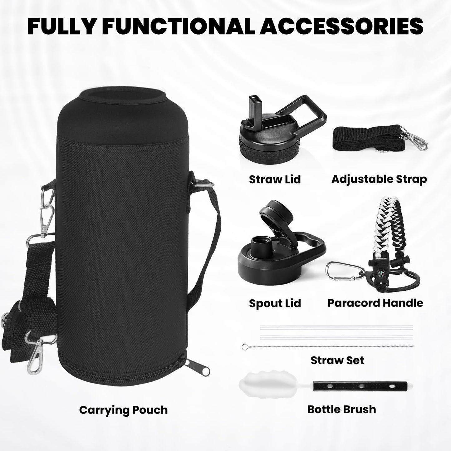 Insulated Water Bottle 87 oz, Triple Wall Vacuum Stainless Steel (Cold for 48 Hrs), Leak Proof & Non-BPA, Modern Water Flask Jug with Paracord Handle & Straw Spout Lids, Ombre: White/Black