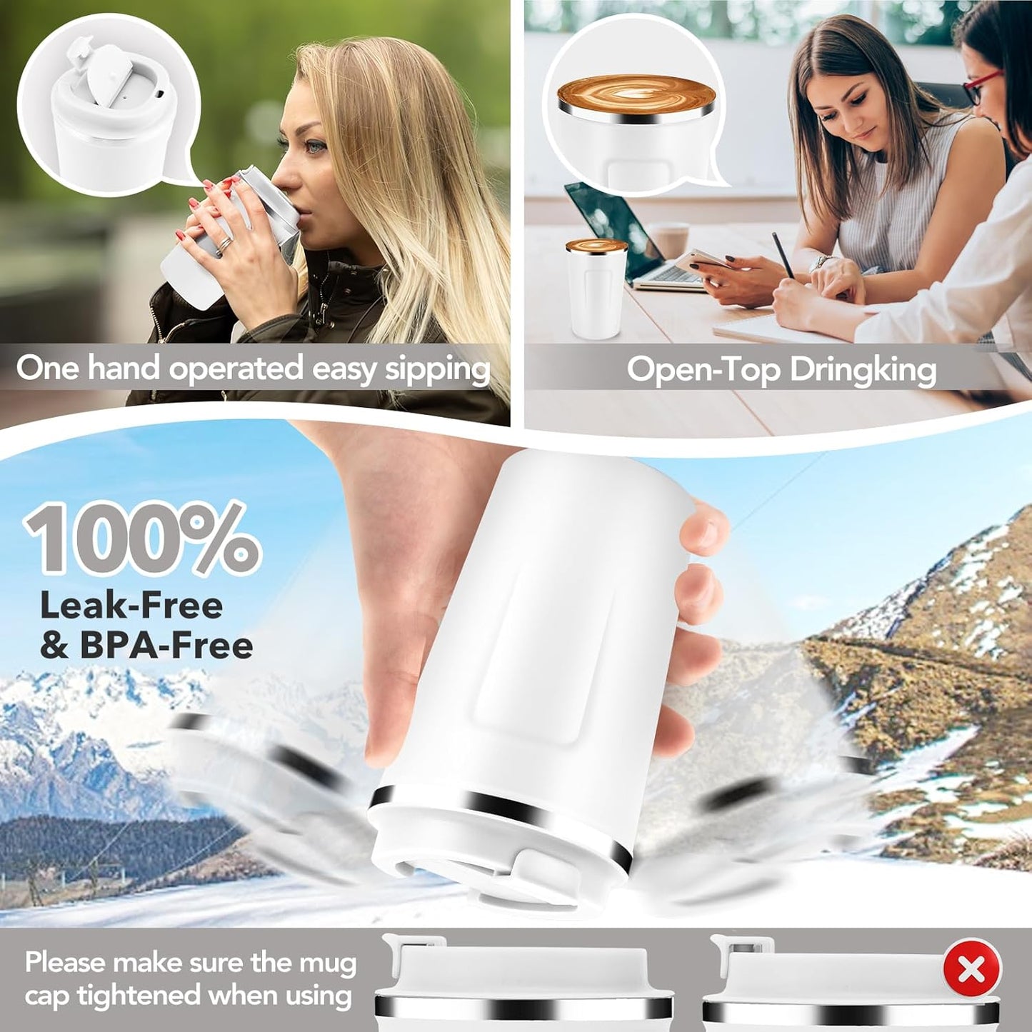 Volhoply 12 oz Double Wall Insulated Vacuum Travel Coffee Mug with Flip Lid Bulk 8 Pack,Reusable Stainless Steel Leak Proof Coffee Cup,Portable Cafe Thermal Tumblers for Hot & Cold Drinks(White,8 Set)