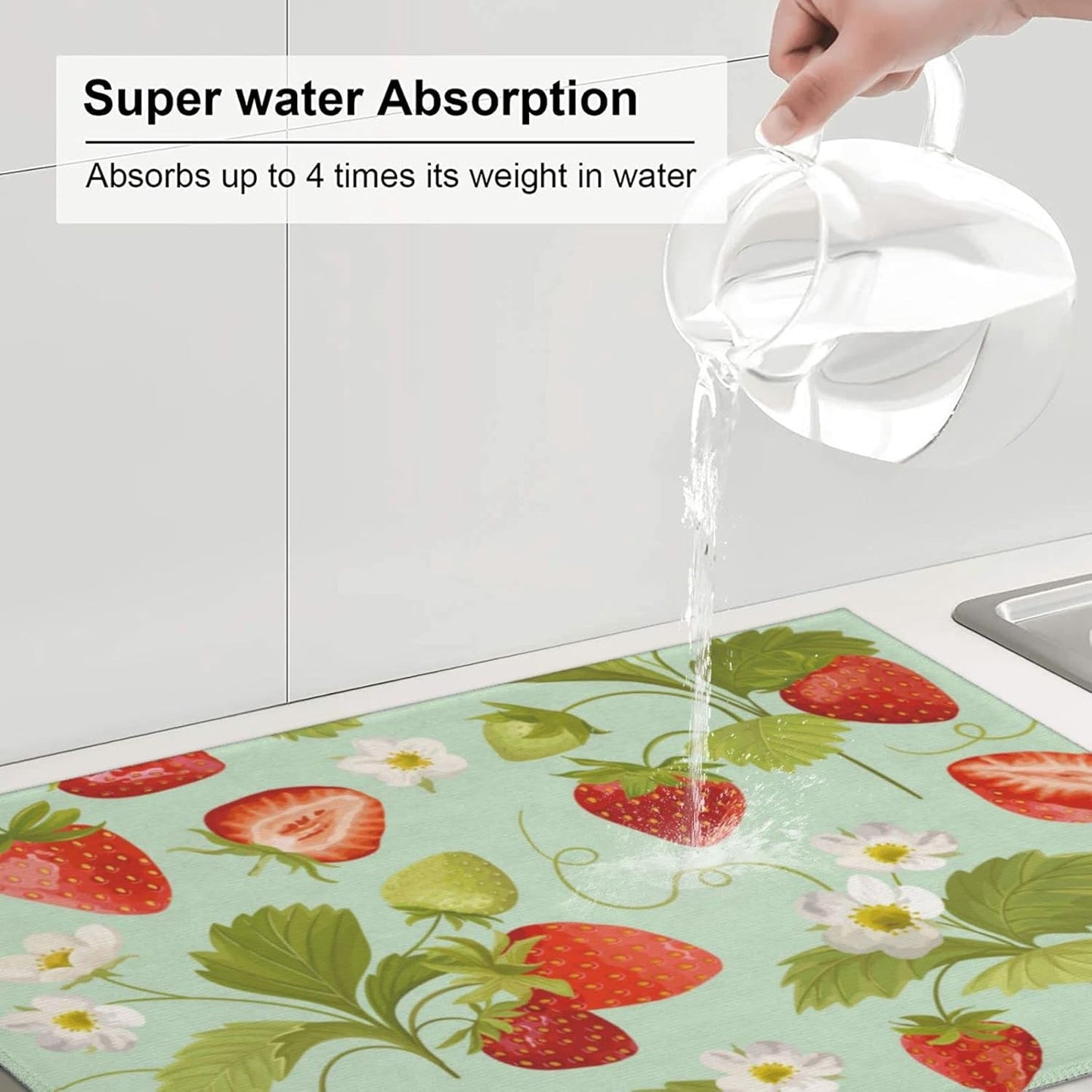 Large Dish Drying Mats For Kitchen Counter Microfiber Kitchen Drying Mat XL Draining Pad Absorbent Quick Drying Dish Mat 18x24 Inch - Strawberry