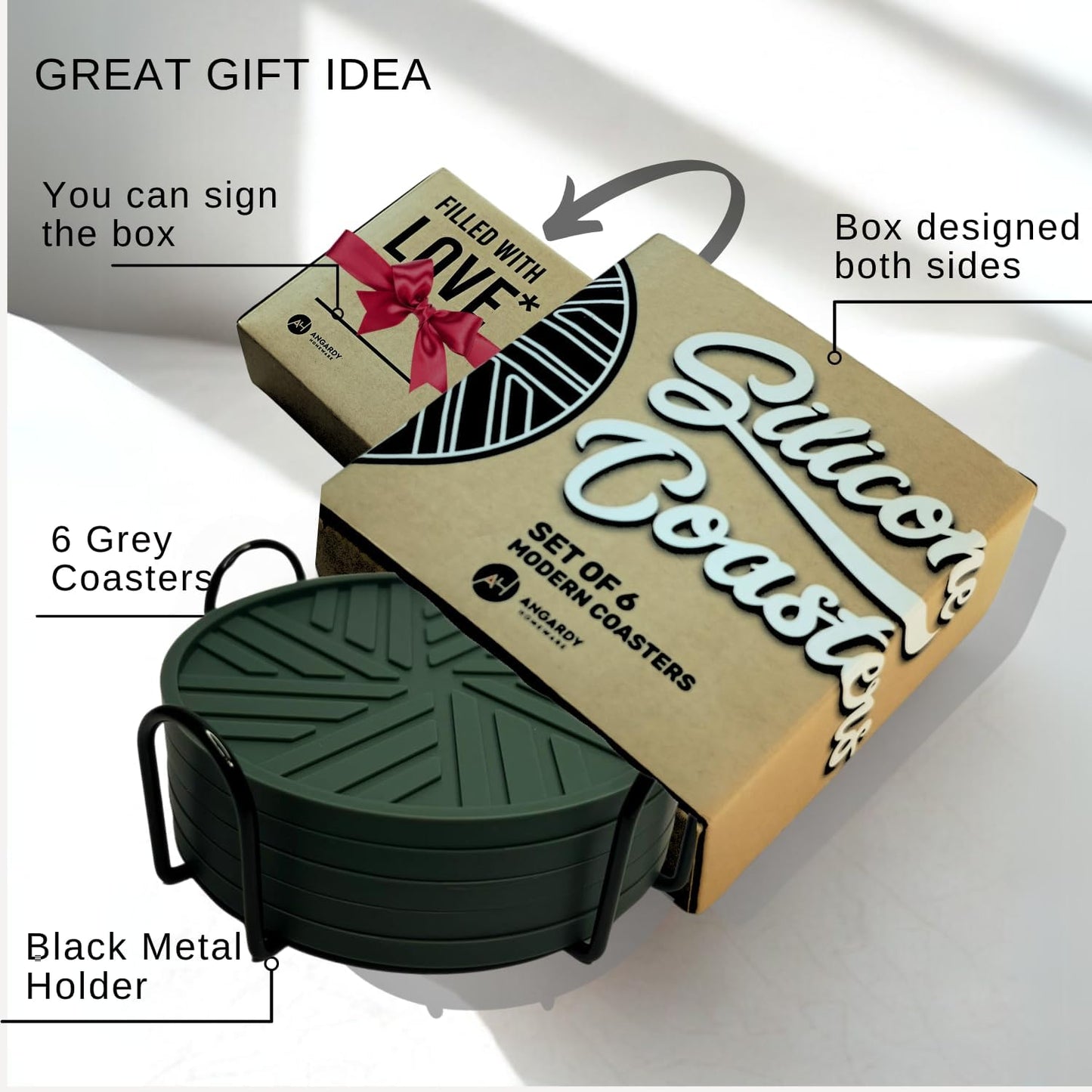 Silicone Coasters with Black Metal Holder, Set of 6, 4-Inch Diameter, Cup Mat for Drink, Stylish Home Decor, Deep Grey