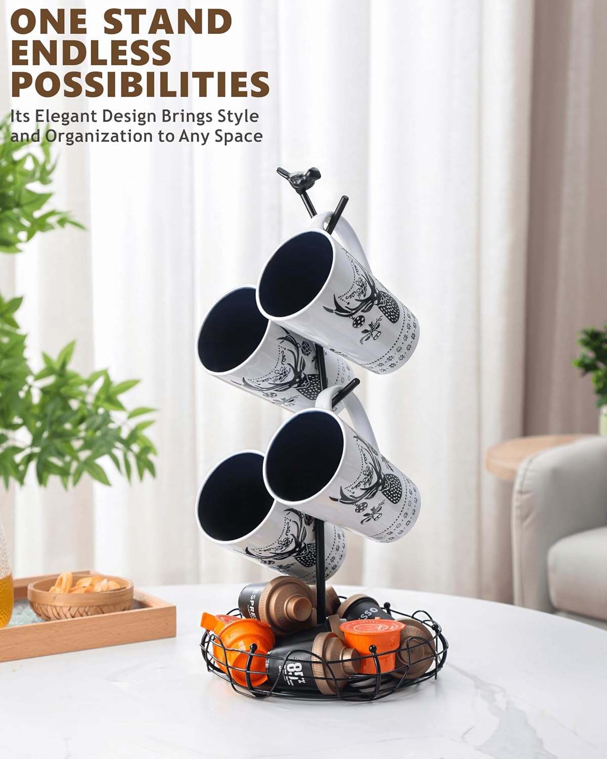 Coffee Mug Holder for Countertop, Mug Tree with Bird's Nest Storage Basket, Holds 4 Large Mugs (20oz Compatible), Whimsical Kitchen Decor, Coffee Bar Accessories (Black)