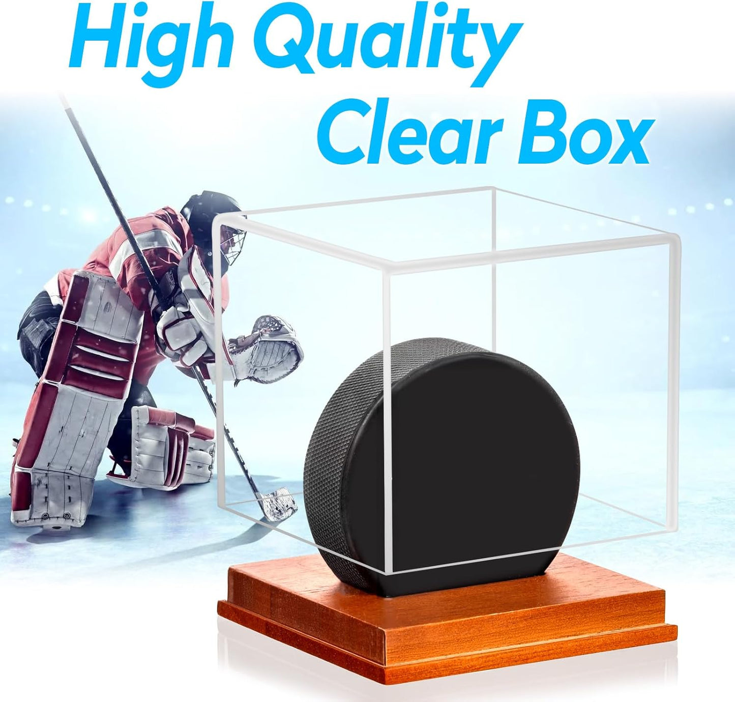 Hockey Puck Display Case, Pucks Display Cases with Wooden Base, Acrylic Clear Box - Hockey Memorabilia Storage Holder, for Enthusiasts & Collectors & Fans (2 Pack, Square)