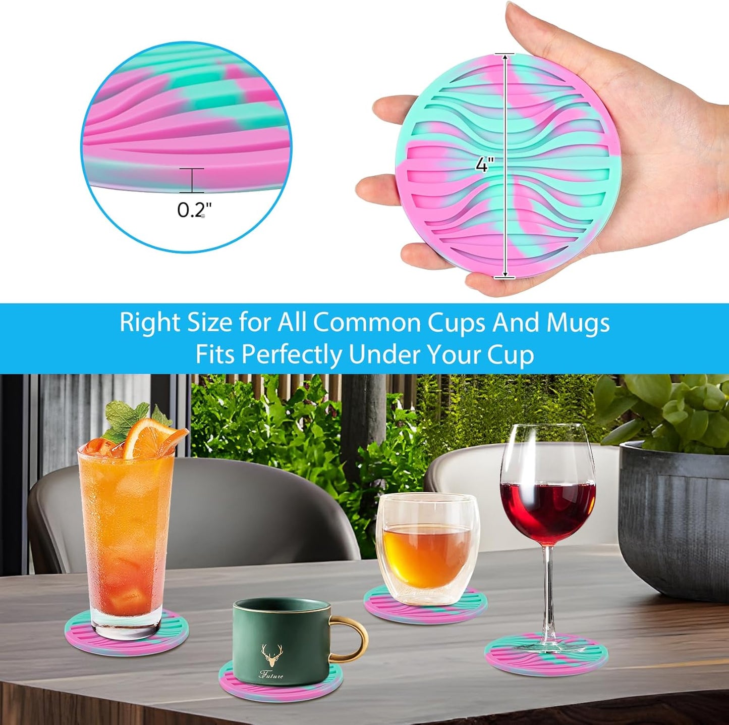 6 Pack Drink Coasters,Plastic Coaster with Holder,Non-Slip Silicone Cup Mat,Rubber Coasters Live for Hot or Cold Drink,Fits Any Size of Cups(Green Pink)