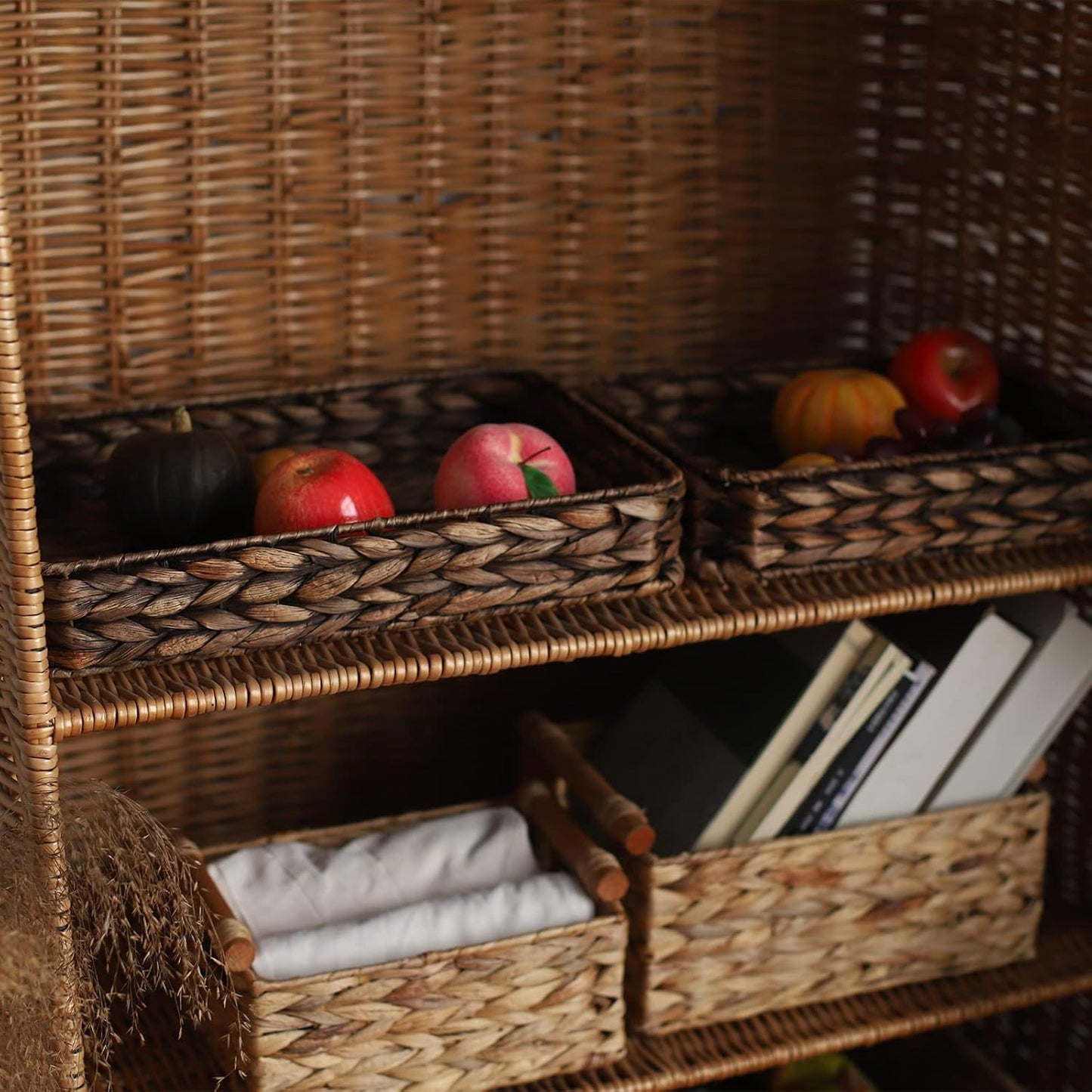 Water Hyacinth Woven Serving Tray Rectangular Hand-Woven Wicker Storage Trays for Coffee/Breakfast/Dessert/Fruit/Bread (Brown-Small)