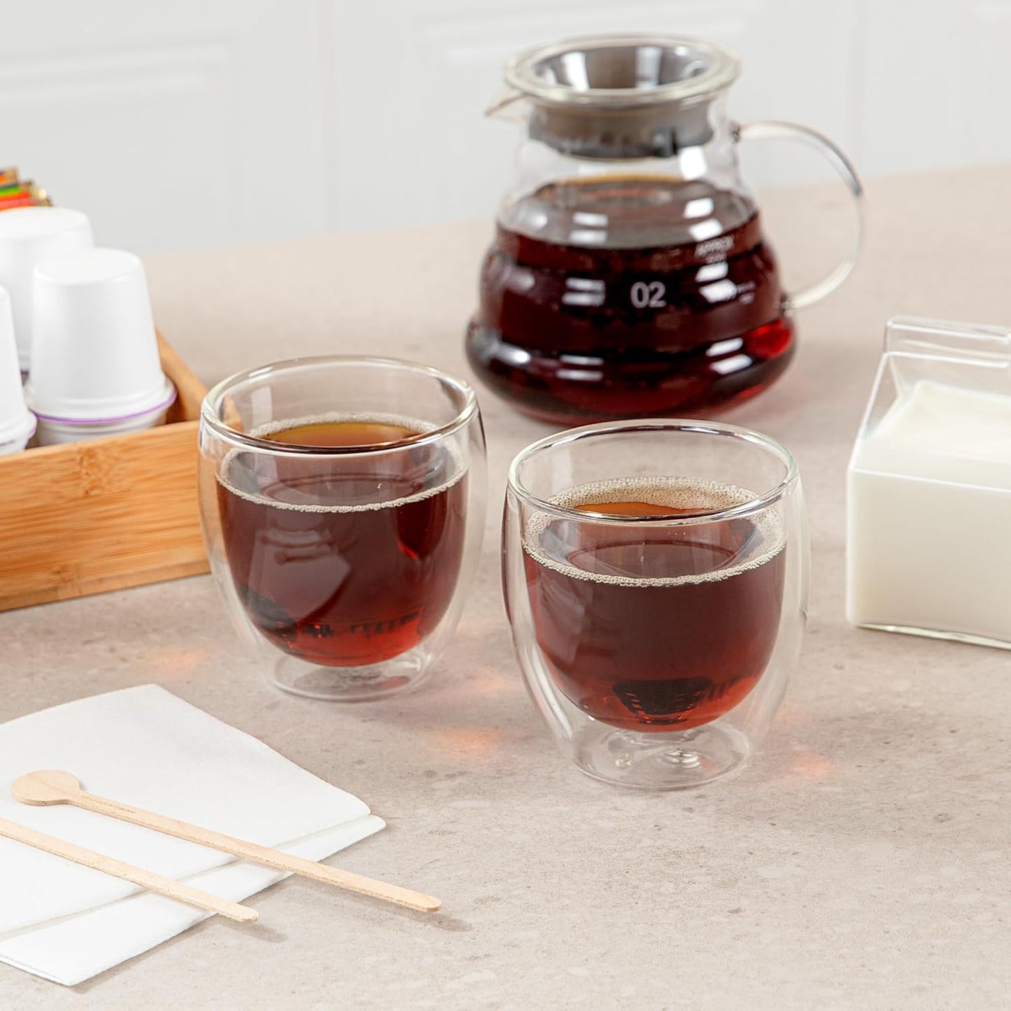 Restaurantware-Forma Professional 8.5 Ounce Double Wall Coffee Cups, 2 Insulated Latte Glasses - Dishwashable, Reusable, Clear Glass Beverage Cups, Freezable, For Hot Or Cold Beverages