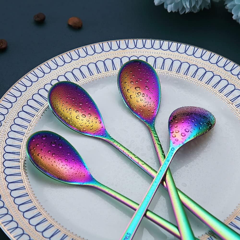 Rainbow Long Handle Spoons, Coffee Stirrers, Premium Stainless Steel Coffee & Ice Cream Spoons, Set of 6 (Colorful)