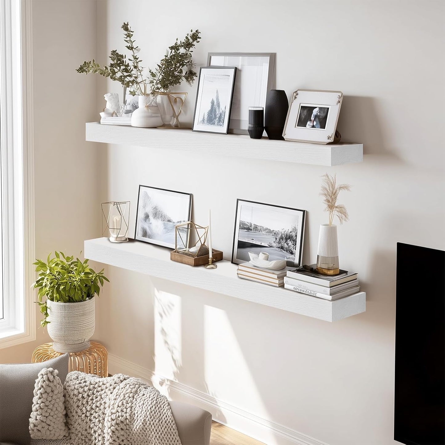 36x8x1.6 inch Floating Shelves Set of 2 – Solid Wood Rustic White Wall Mounted Shelf for Kitchen, Bathroom, Living Room