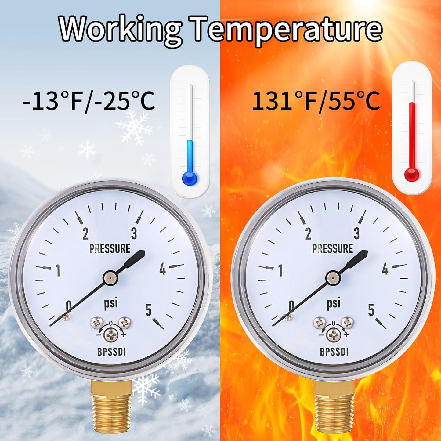 0-5 Psi Low Pressure Gauge, Capsule Gauge with 304 Stainless Steel Case, 2.5" Dial Size, 1/4" NPT Lower Mount, Zero Adjustment, for Air Water Gas Pressure Test
