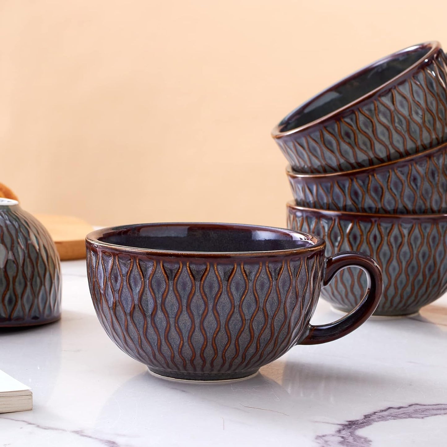 Set of 6 Cups Vintage Design 12 oz Professional Barista Ceramic Latte Art Cappuccino Cups Set (Embossed Grey * 6)