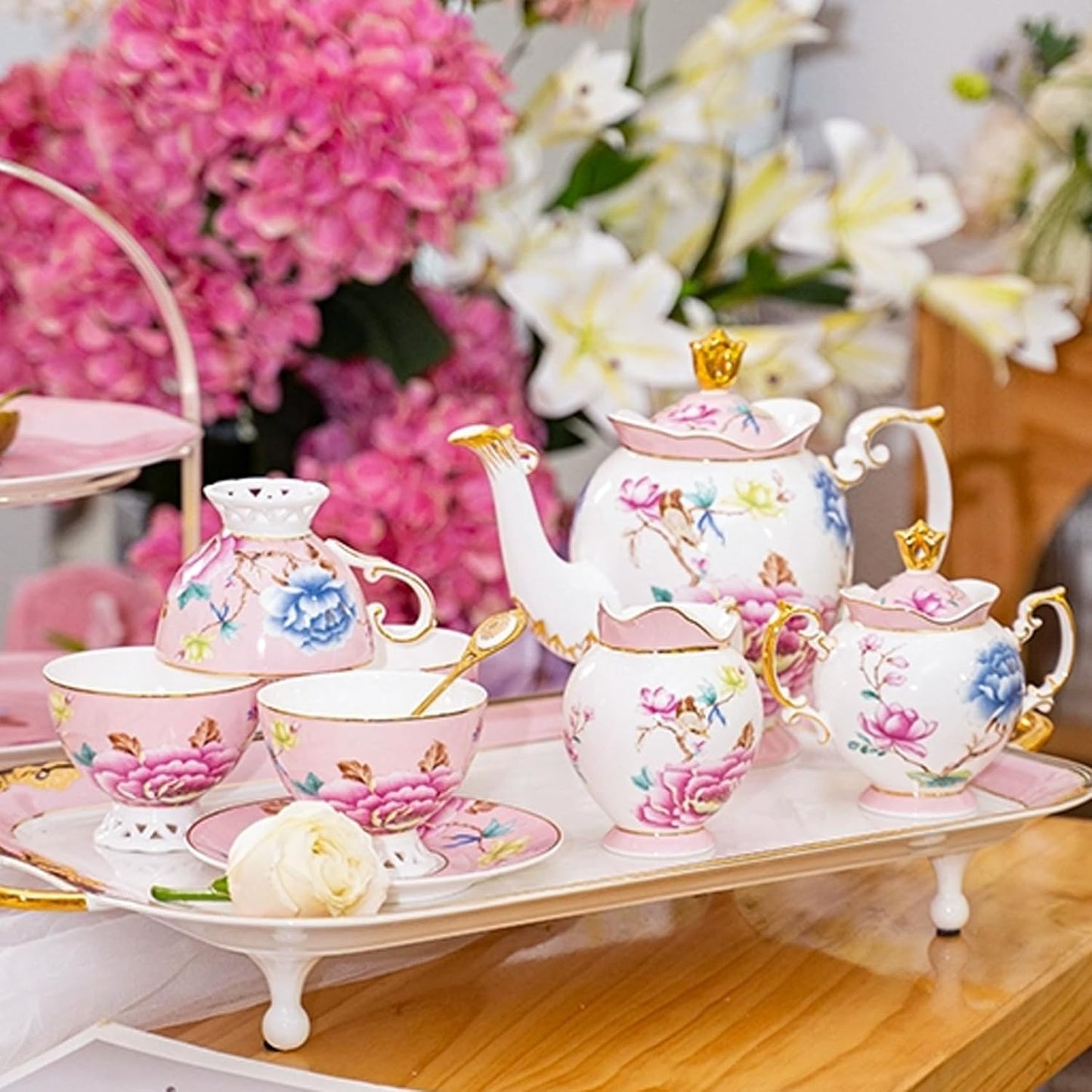 ACMLIFE Tea Set for Adults- Fine China Tea Set for 6, 21-Piece Vintage Coffee Set English Porcelain Tea Pot Sets for Adult Tea Party for Women Gift (Pink, Extra Large 21)
