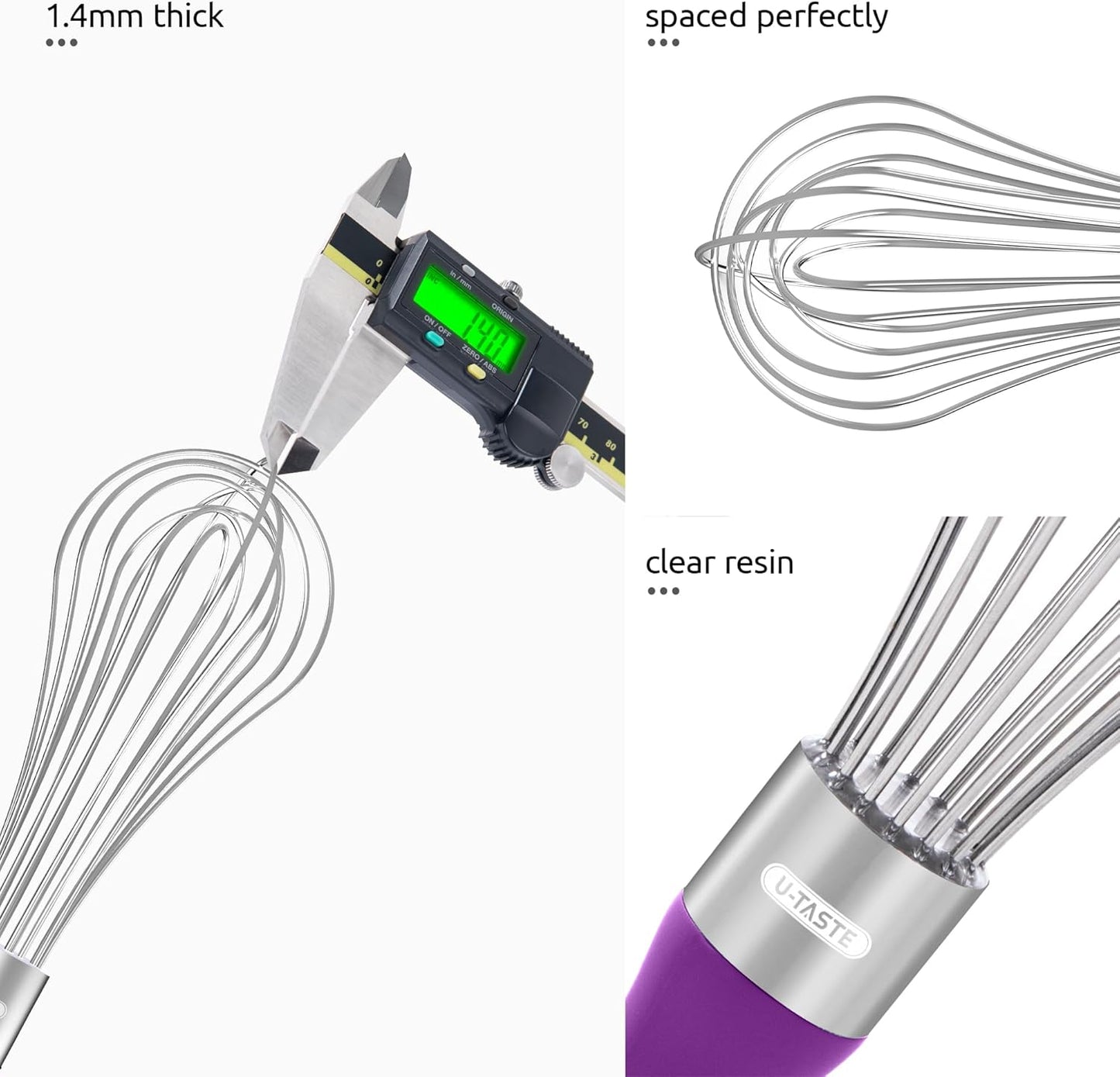 U-Taste Balloon Whisk for Cooking: 18/10 Stainless Steel Kitchen Wire Whisk, Medium Heavy Duty Egg Beater, Manual Baking Mixing Tool with 8 High Flex Wires for Stirring, Blending Sauce (Purple)