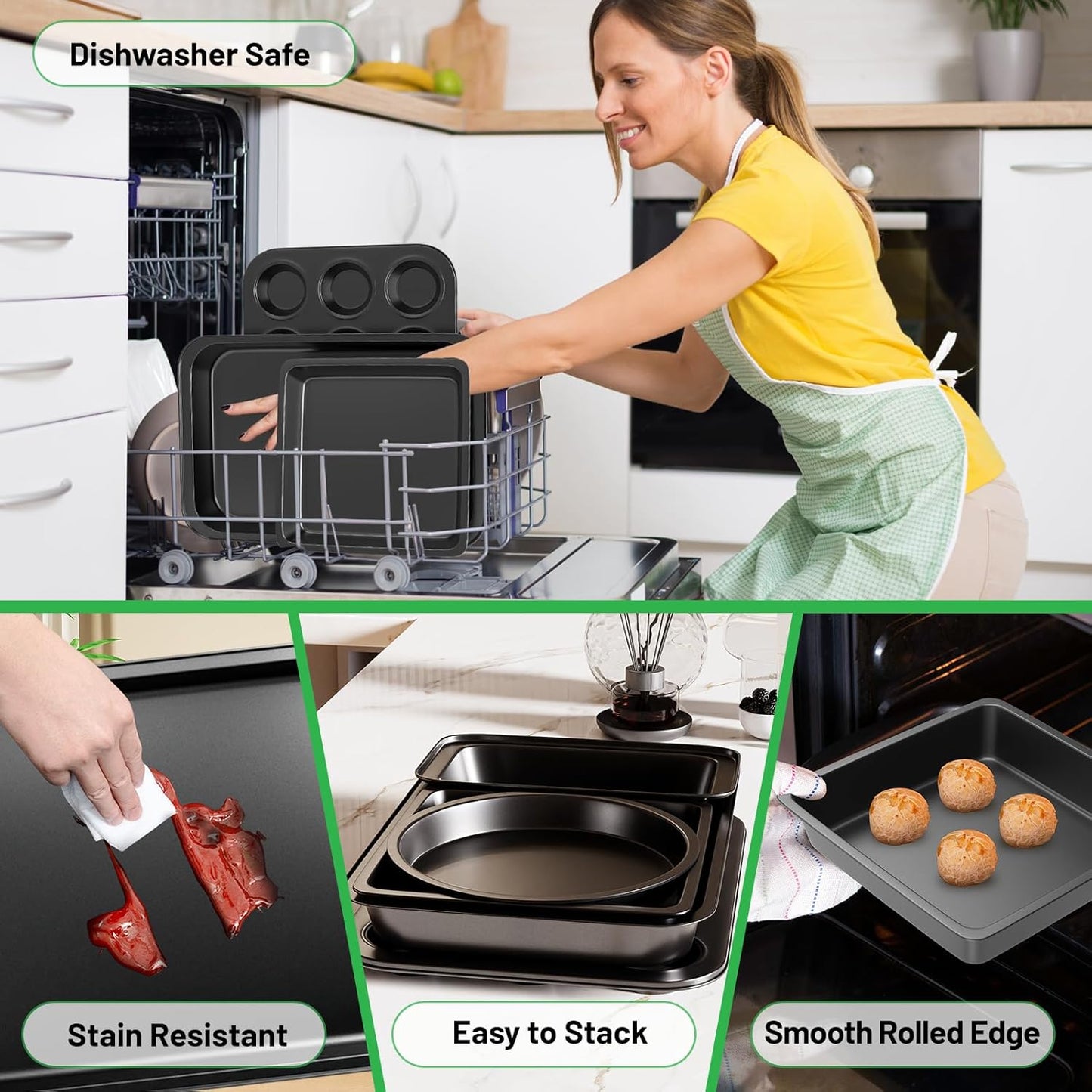 5 Pieces Baking Pans Set, Nonstick Baking Sheet Tray Oven Pans Bakeware Set, Baking Supplies with Round/Square Cake Pan, Muffin Pan, Loaf Pan, Roast Pan, Stackable Baking Sets for Cooking