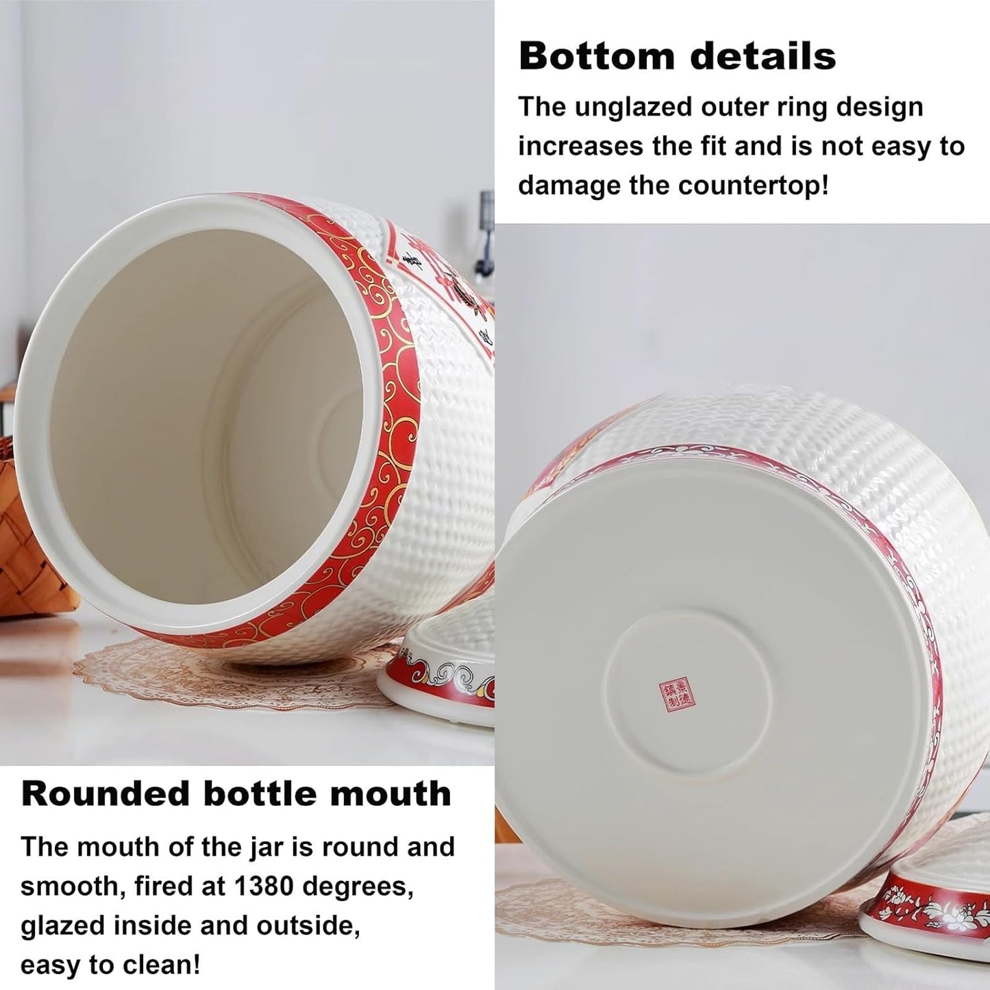 Chinese Sealed Large-Capacity Rice Pot, Ceramic Rice Bucket With Tassel Design, Grain Storage Ceramic Container, Rice Dispenser Airtight Storage Bucket For Grains Snacks Candy Coffee Beans Food(E,Capa