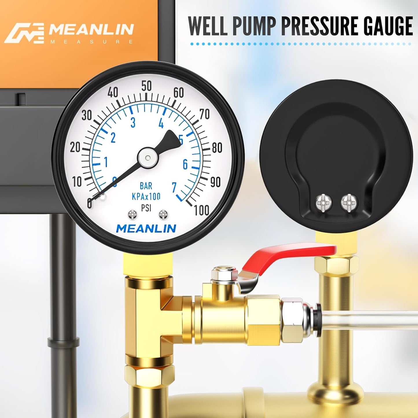 MEANLIN MEASURE 0-100Psi 2" DIAL FACE 1/4" NPT Well Pump Pressure Gauge, with 1/2" NPT and 3/8" NPT Hex Bushing, 3-2-3% Accuracy, Lower Mount