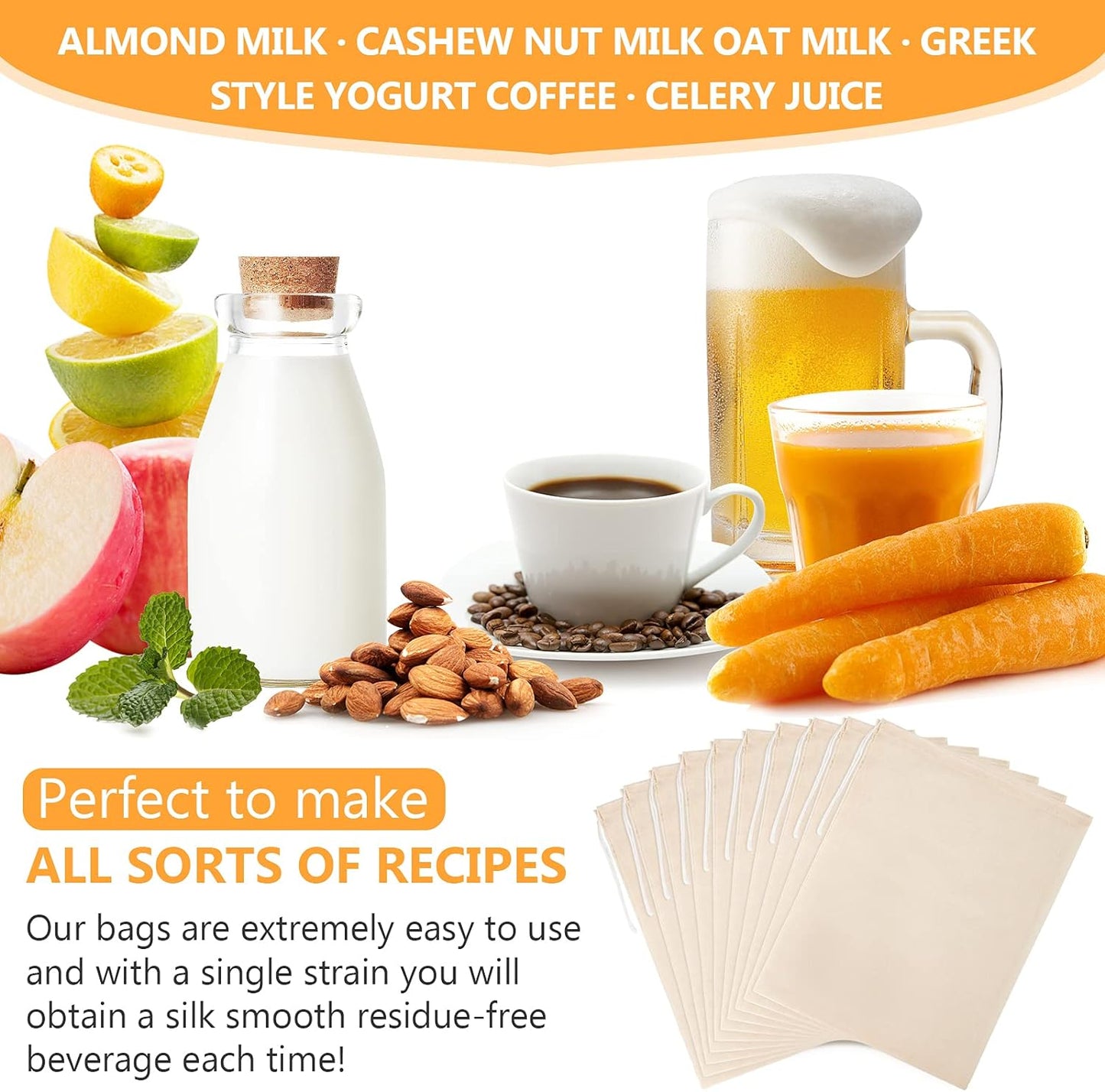 10 Pack Nut Milk Bag, Multi-size Fine Mesh Grade Reusable Cheesecloth Bags Strainers, Unbleached Organic Cotton Filter Bags for Almond Milk, Juices, ColdBrew, Cheese, Tea, Yogurt, Coffee