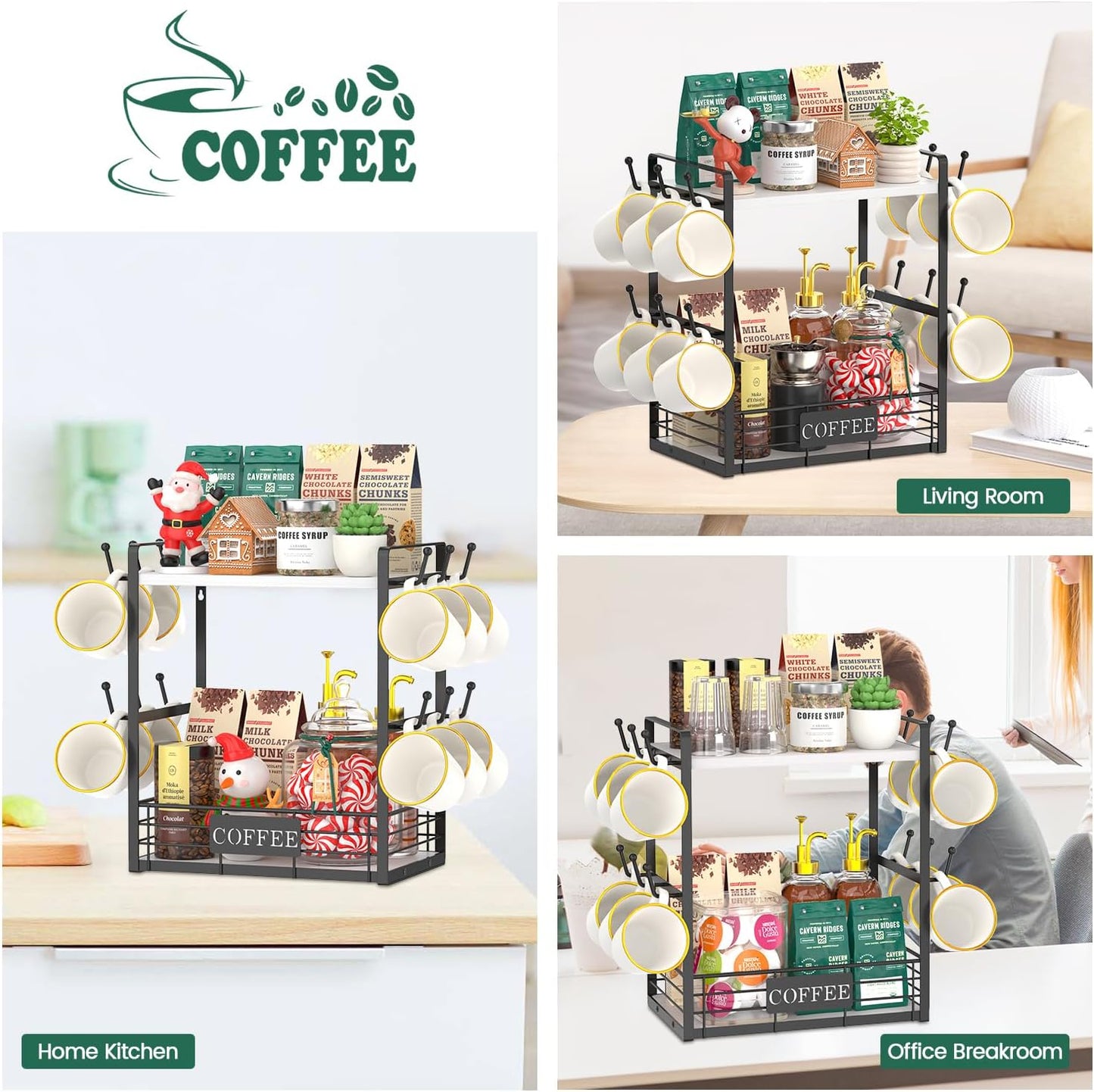 EsLuker.ly Coffee Mug Cup Holder Tree Bar Station Organizer, 2 Tier Mug Stand Rack for Countertop Kitchen, Storage Tower Display Shelf with 12 Hooks, Coffee Nook Enhancer, White-Black