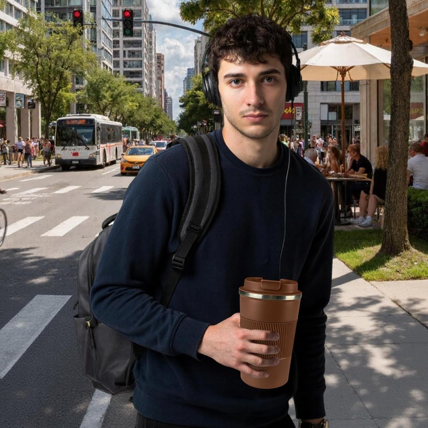 YINBAOGE Insulated Travel Coffee Mug Spill Proof Leak Proof Pobtable To Go Camping Stainless Steel Coffee Tumbler Reusable Coffee Cups with Lids Thermos for Hot and Cold Drink (Brown, 17 OZ)