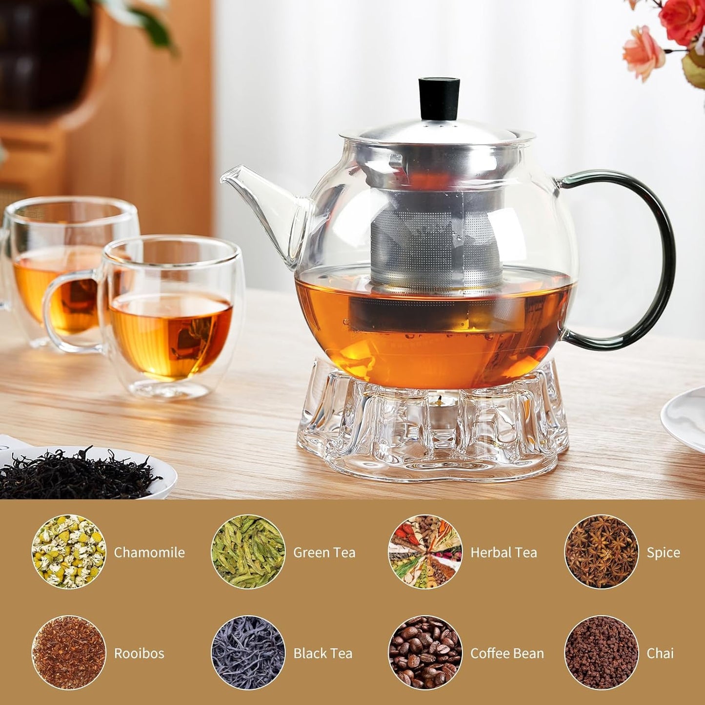 28OZ Glass Teapot with Infuser Stovetop Safe, 800ml Borosilicate Glass Kettle Tea Pot with Infusers tea infuser pot for loose leaf tea, tea Maker brewer, Dishwasher Safe, tetera para te (Clear)