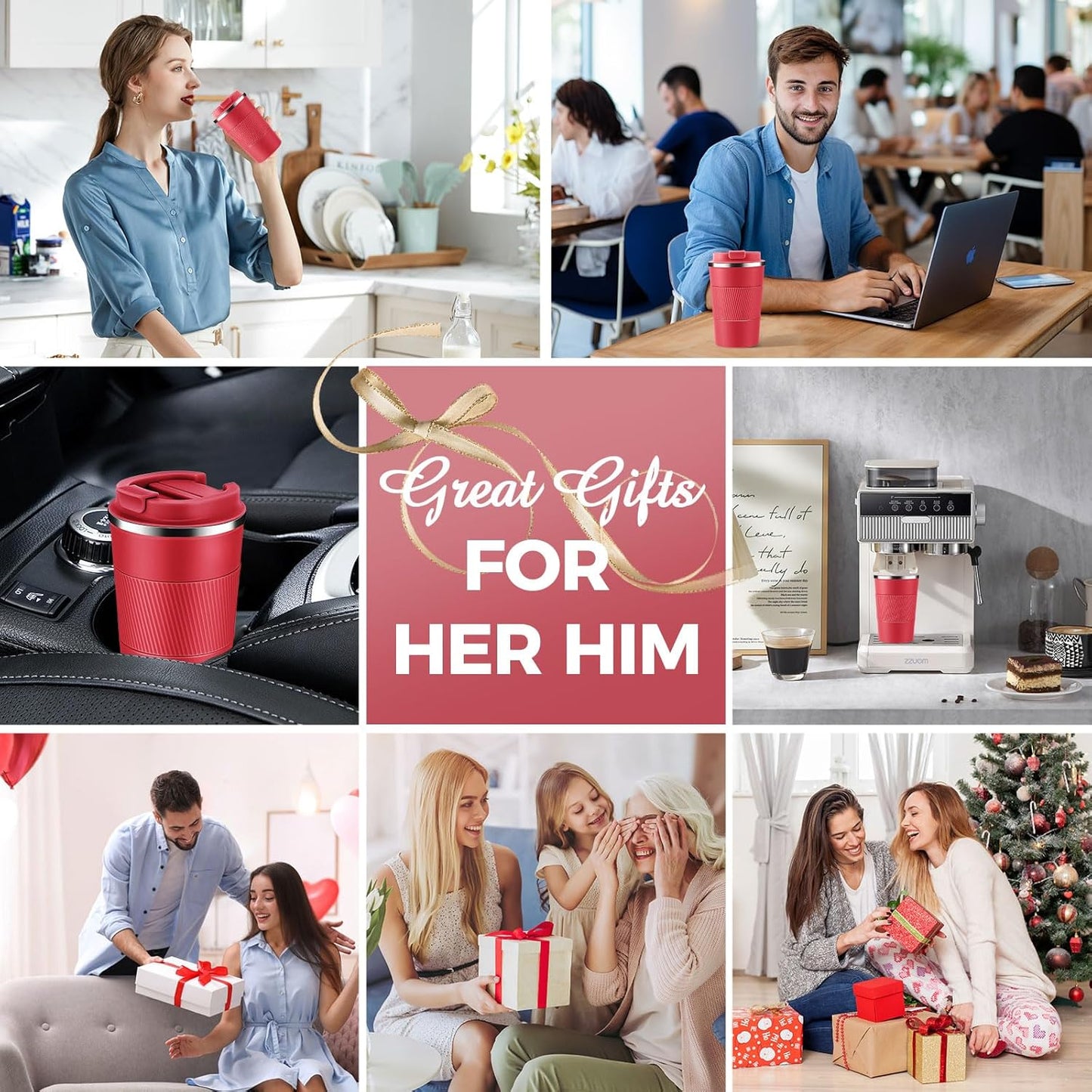 Volhoply 13 oz Stainless Steel Insulated Travel Coffee Mug with Fip Lid Bulk 8 Pack,Reusable Double Wall Vacuum Metal Coffee Cup,Portable Leak Proof Thermal Tumbler for Hot & Cold Drinks(Red,8)