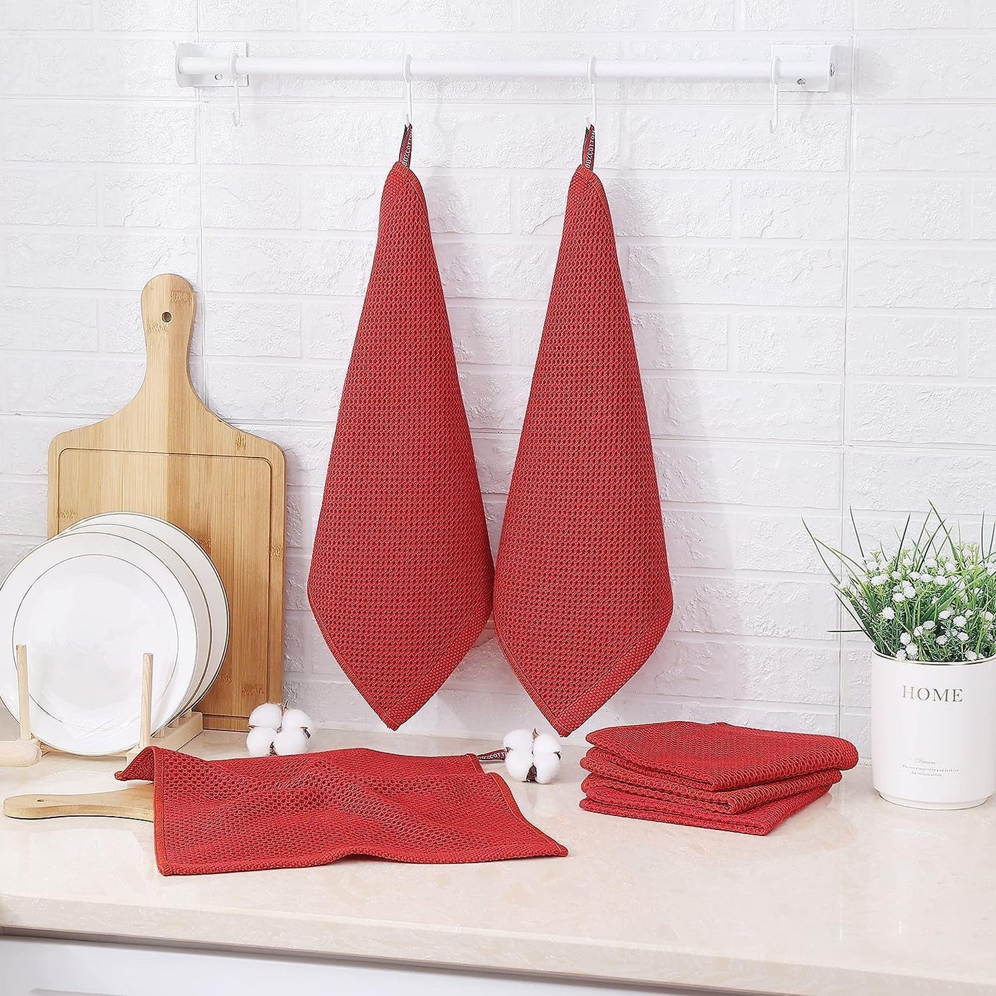 Kitinjoy 100% Cotton Kitchen Dish Cloths, 12 Pack Waffle Weave Ultra Soft Absorbent Dish Towels for Drying Dishes Quick Drying Kitchen Towels Dish Rags, 12 X 12Inch, Brick Red