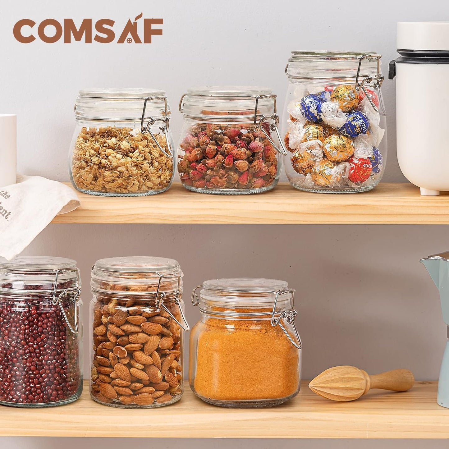 ComSaf Airtight Glass Canister Set of 6 with Lids 17oz Food Storage Jar Round - Storage Container with Clear Preserving Seal Wire Clip Fastening for Kitchen Canning Cereal,Pasta,Sugar,Beans,Spice