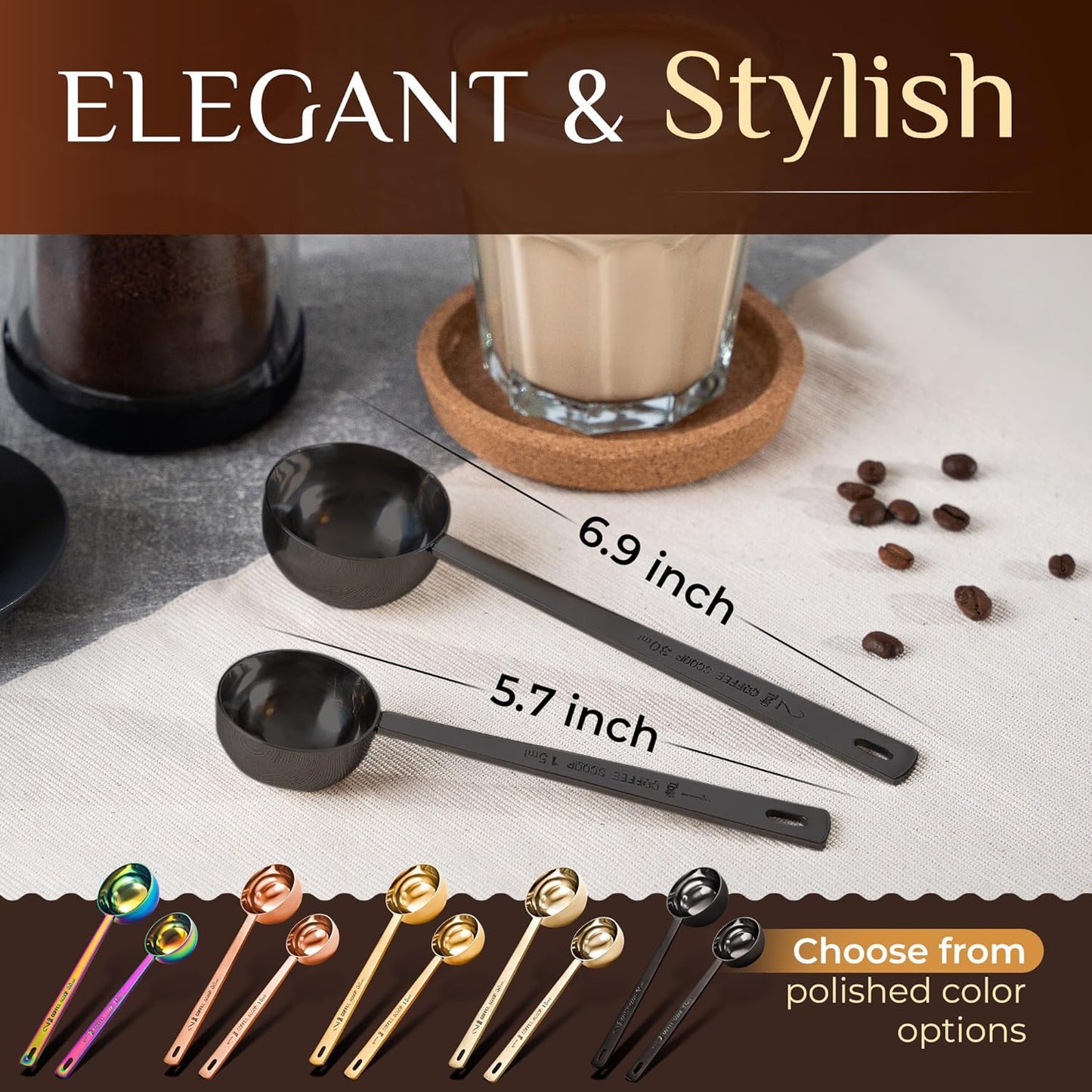 Orblue Premium Coffee Scoop Set - 1 Tbsp (15ml) & 2 Tbsp (30ml) Measuring Tablespoon - Stainless Steel Coffee Measuring Spoon and Scooper with Long Handles - Pack of 2 Black