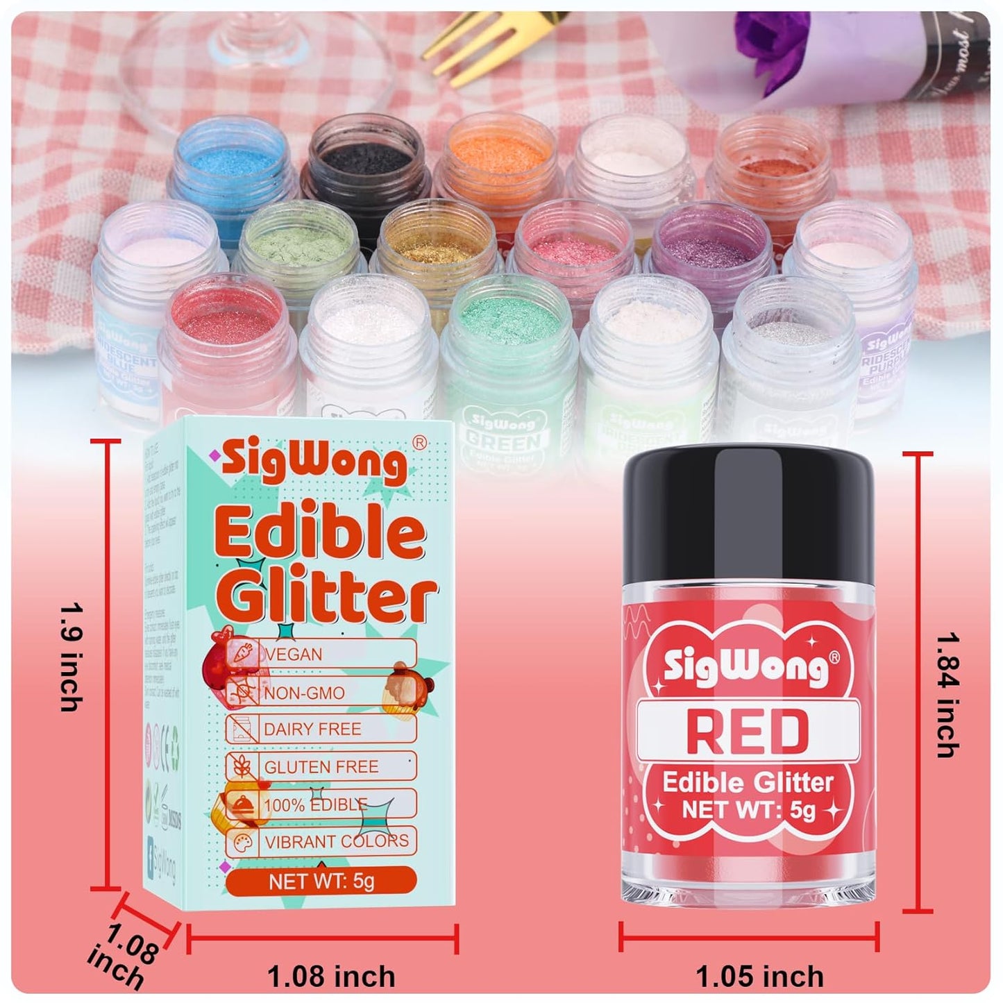 Red Edible Glitter - 5g Food Grade Cake Decorating Shimmering Glitter, Edible Sprinkle Luster Dust for Drinks, Chocolates, Fondant, Strawberries, Cupcakes, Candy, Cookie - Vegan