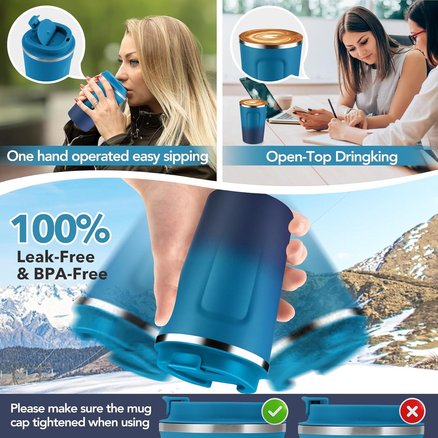 Volhoply 12 oz Double Wall Insulated Vacuum Travel Coffee Mugs with Flip Lid Bulk 2 Pack,Reusable Stainless Steel Leak Proof Coffee Cup,Portable Thermal Tumbler for Cold & Hot Drinks(Dark Night,2 Set)