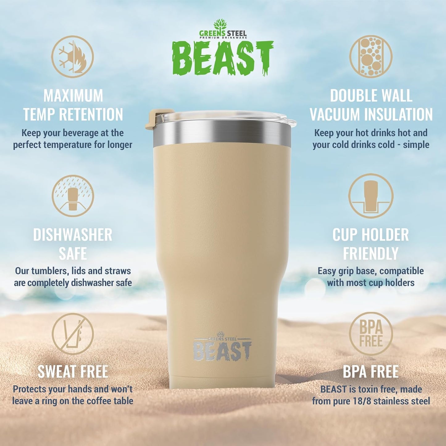 Beast 20 oz Tumbler Stainless Steel Vacuum Insulated Coffee Ice Cup Double Wall Travel Flask (Sand)
