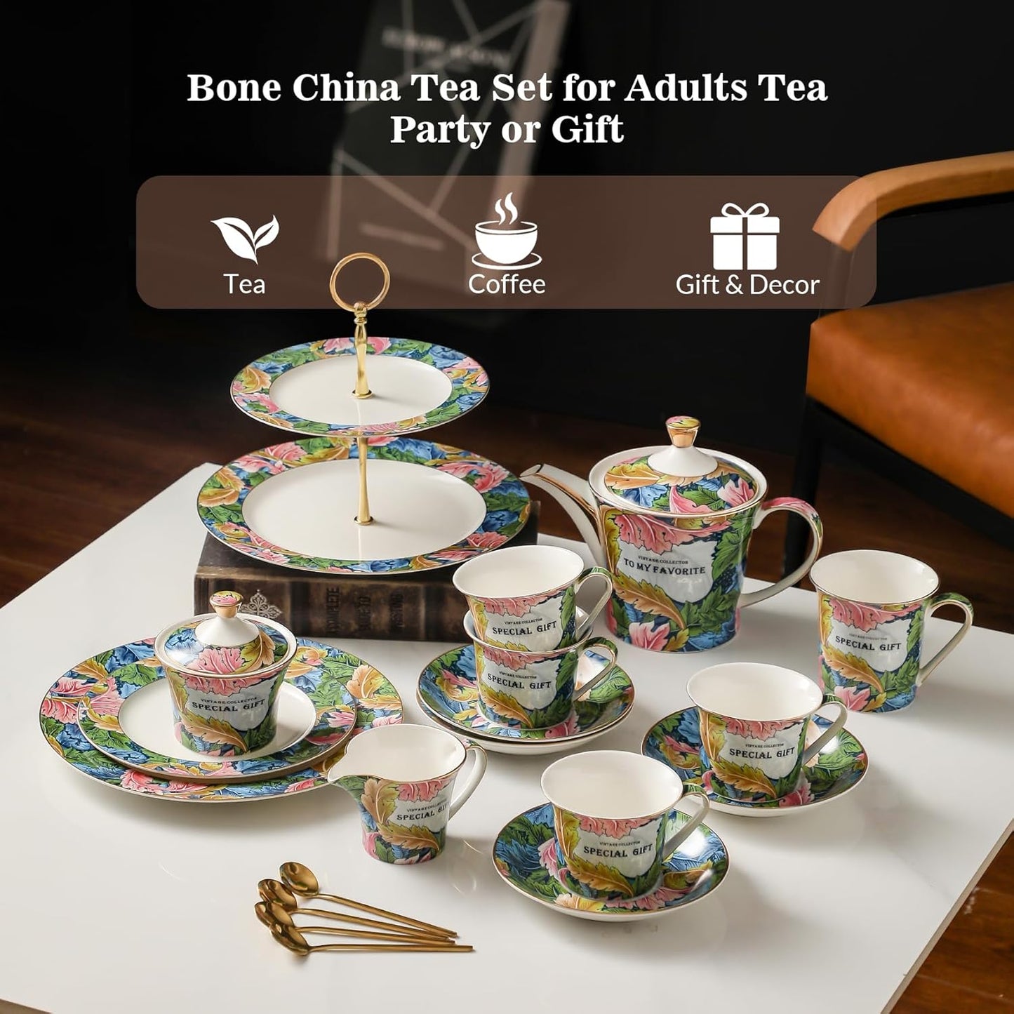 ACMLIFE Porcelain Tea Set for Adults, 15-Piece Green Bone China Tea Set for Women, Tea Cups and Saucers Set Service for 4, Gift (green, large set 13)