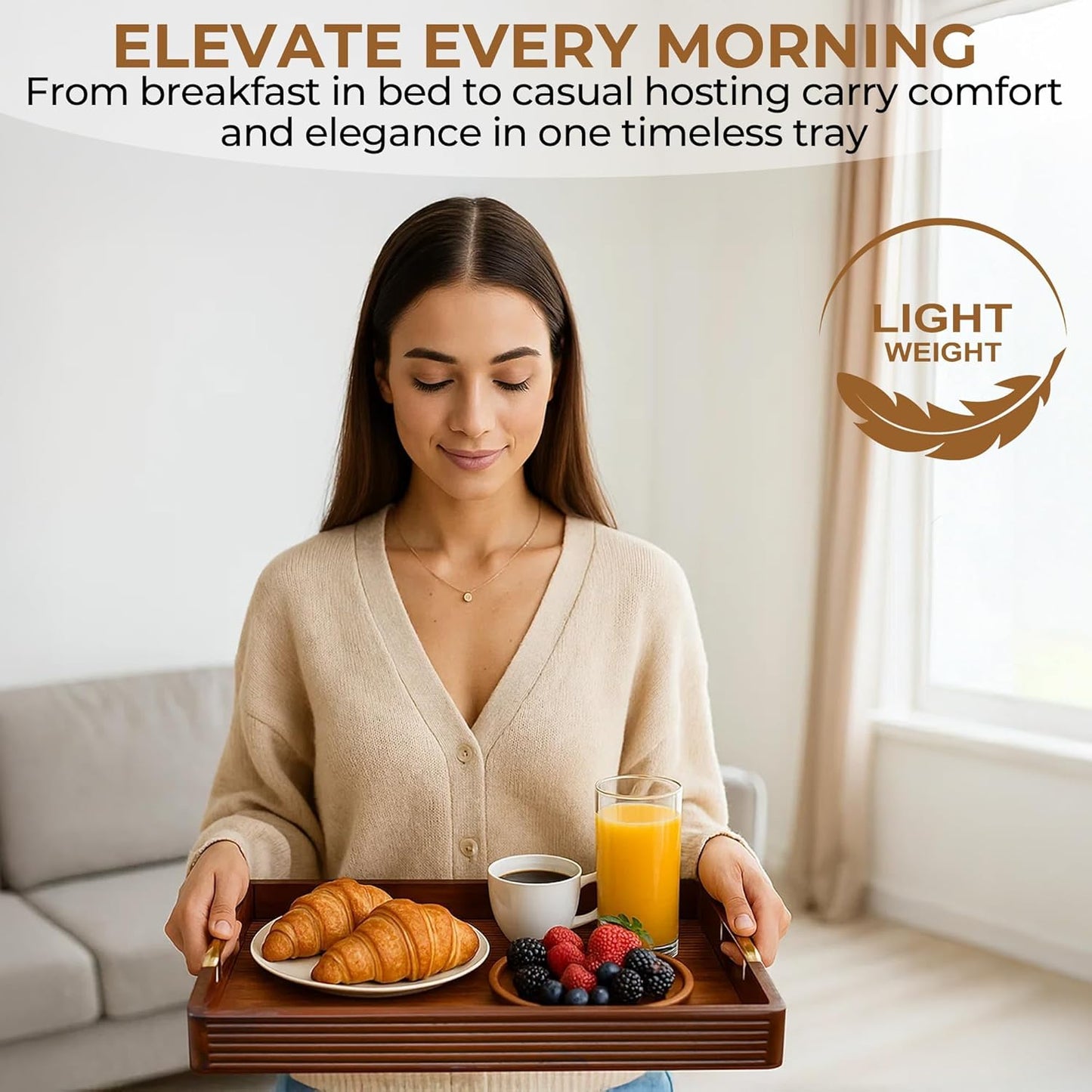 Acacia Wood Serving Tray with Metal Handles – 17x12in Rustic Decorative Ottoman & Coffee Table Tray for Breakfast in Bed, Dinner, Bar, Kitchen, Home Décor & Entertaining