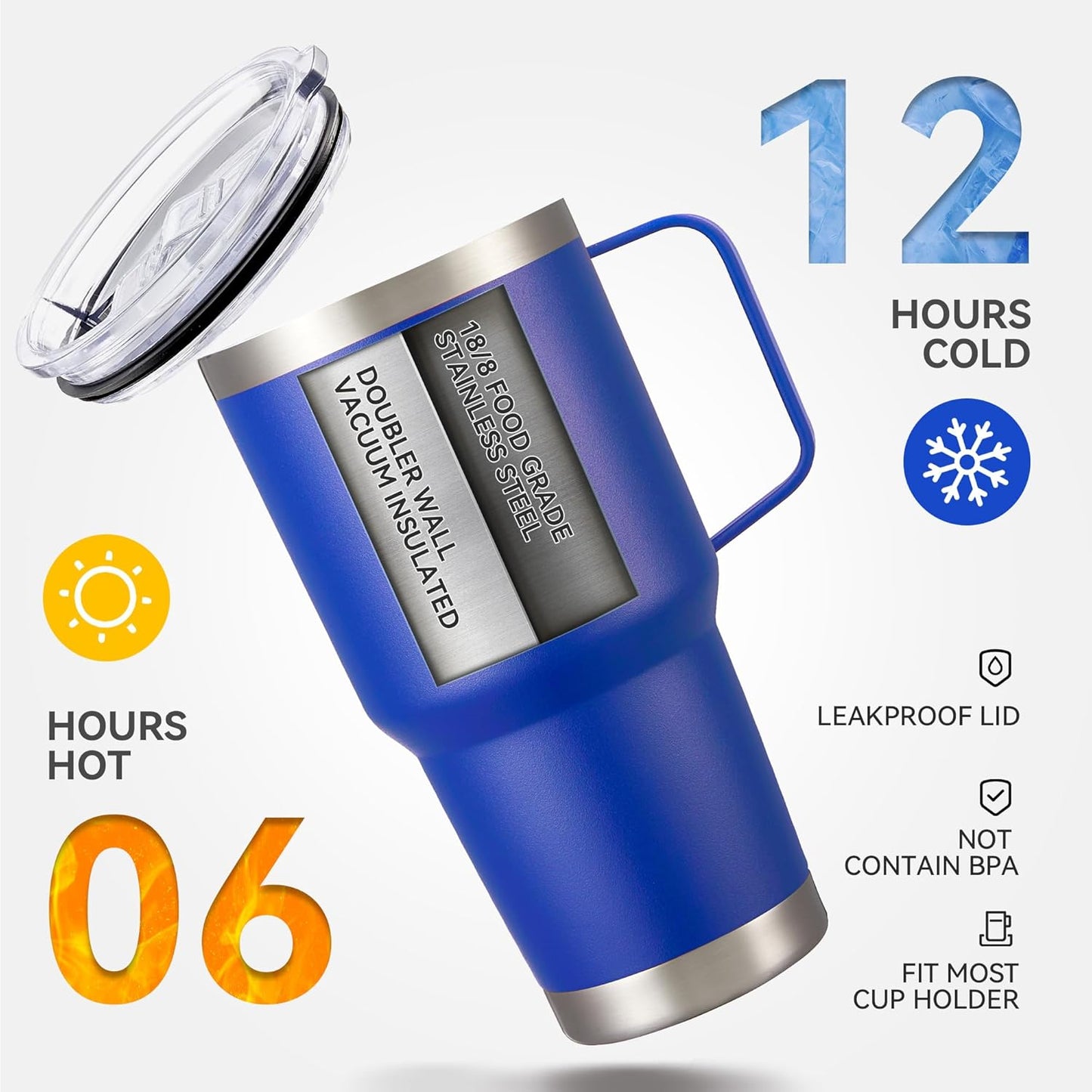 30 oz Tumbler with Handle and Lid, Stainless Steel Tumblers Double Wall Vacuum Insulated Travel Mug Leak Proof Cup Keep Drinks Cold and Hot Blue, 1 Pack