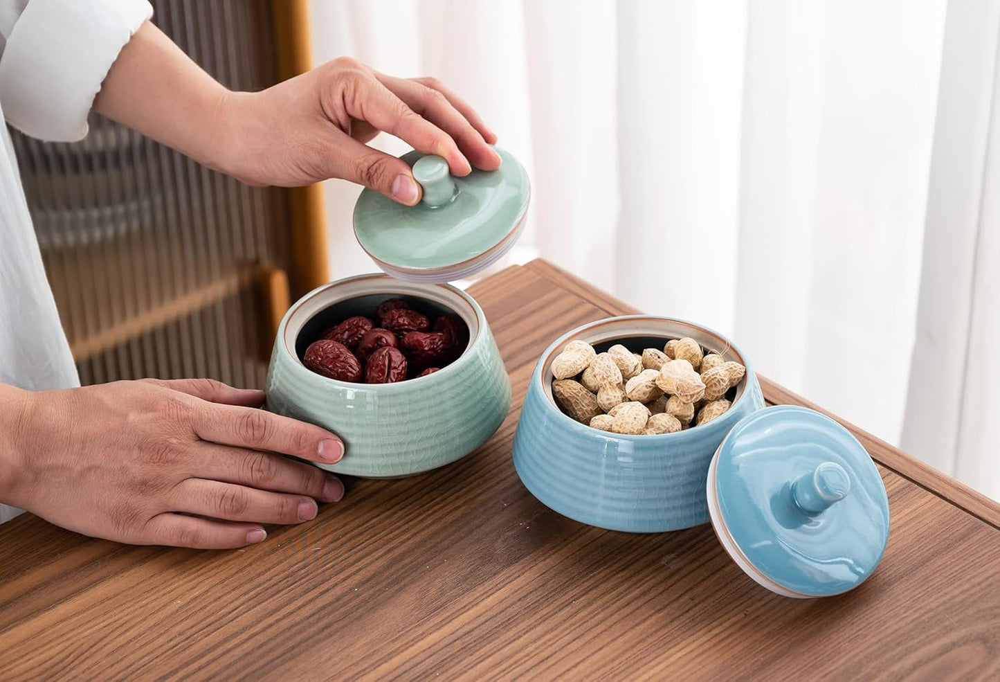 Retro Kitchen Ceramic Canister, 13.53 FL OZ (400 ML) Vintage Food Storage Jar for Tea, Coffee Beans, Herb, Candy, Spices, Nuts (Green(ICE))