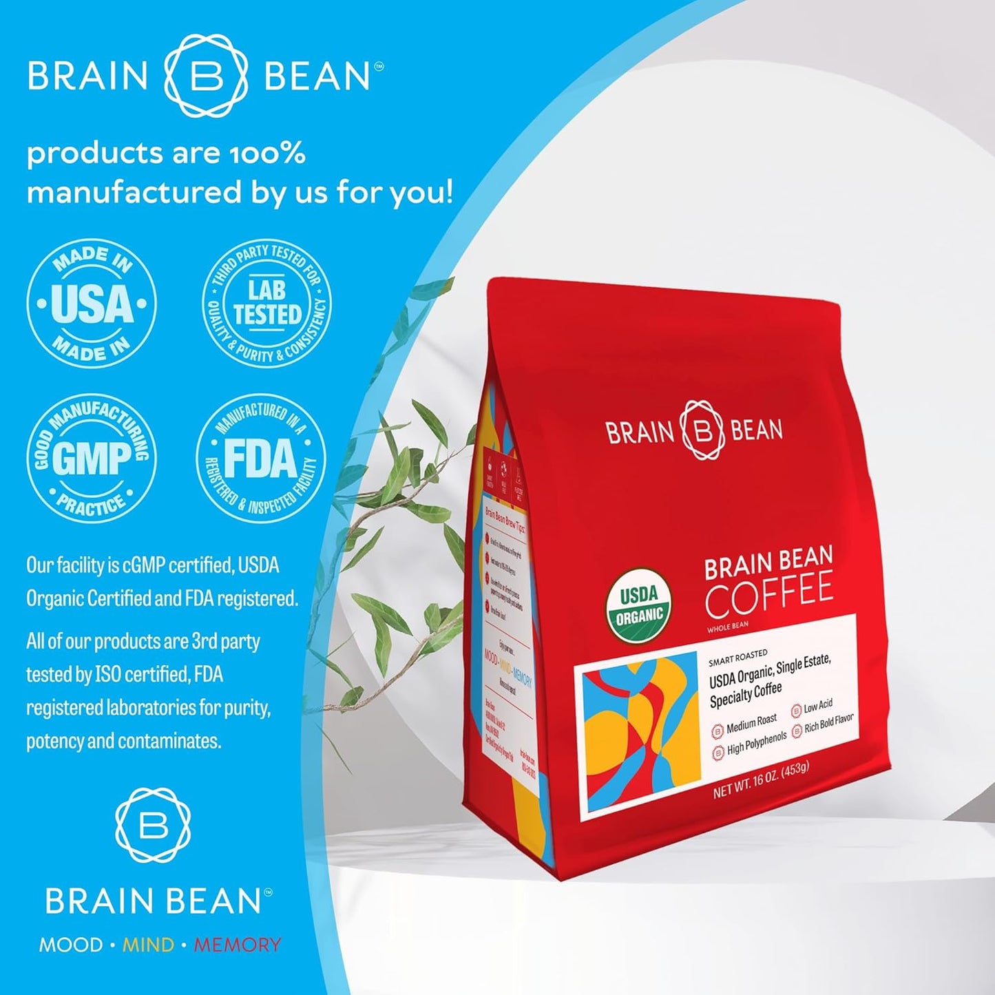 Brain Bean Organic Coffee โ Smooth Taste & Rich Medium Roast โ High Antioxidant & USDA certified organic for Cognitive Support, Mood Enhancement & Toxin Removal - Whole Bean Coffee โ 16 oz (1-Pack)