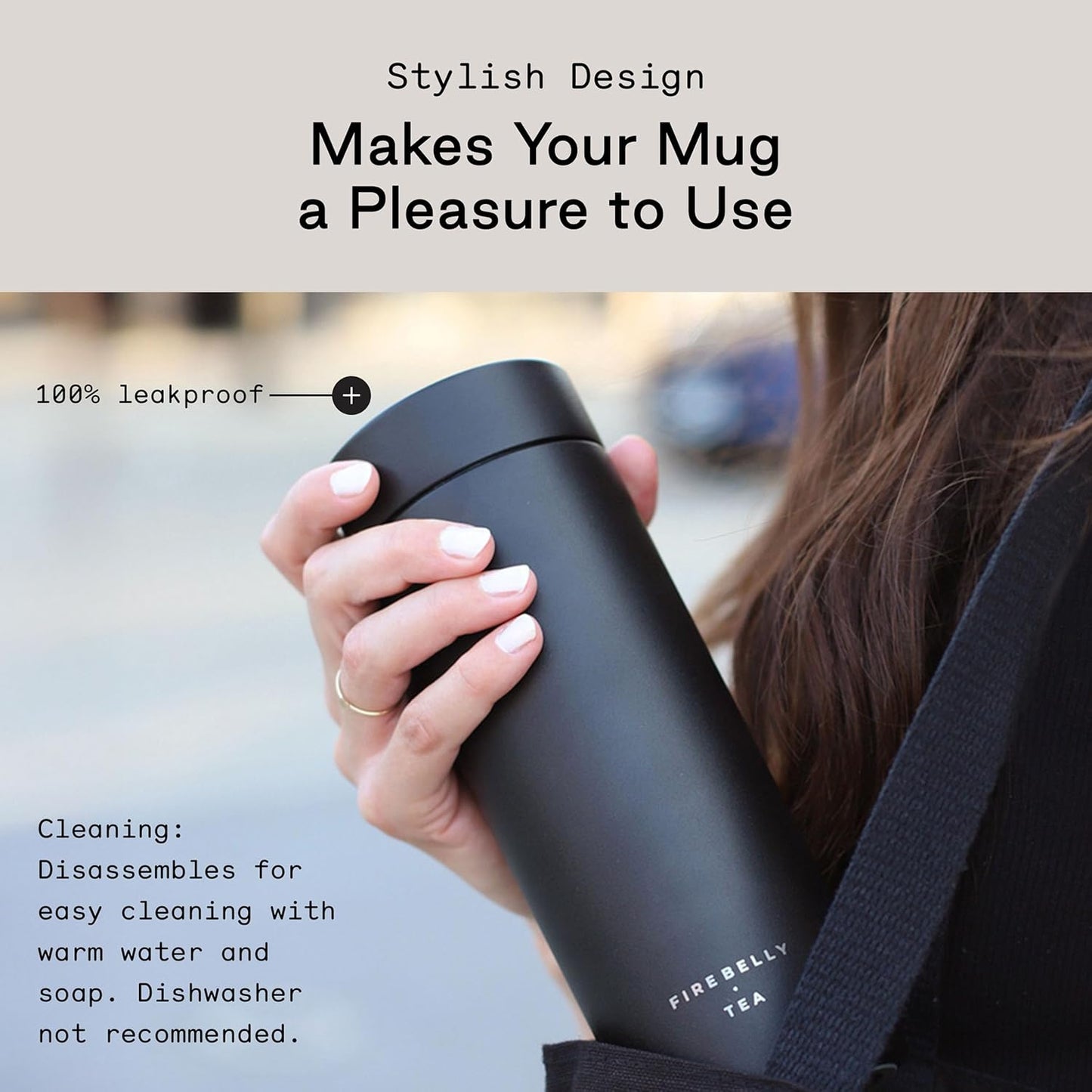 Firebelly Tea, Travel Tea Infuser Mug with Strainer, Insulated Tumbler for Loose Leaf Tea or Coffee, Leakproof Bottle for Hot or Iced Drinks, Stainless Steel Thermos with Lid, Noir
