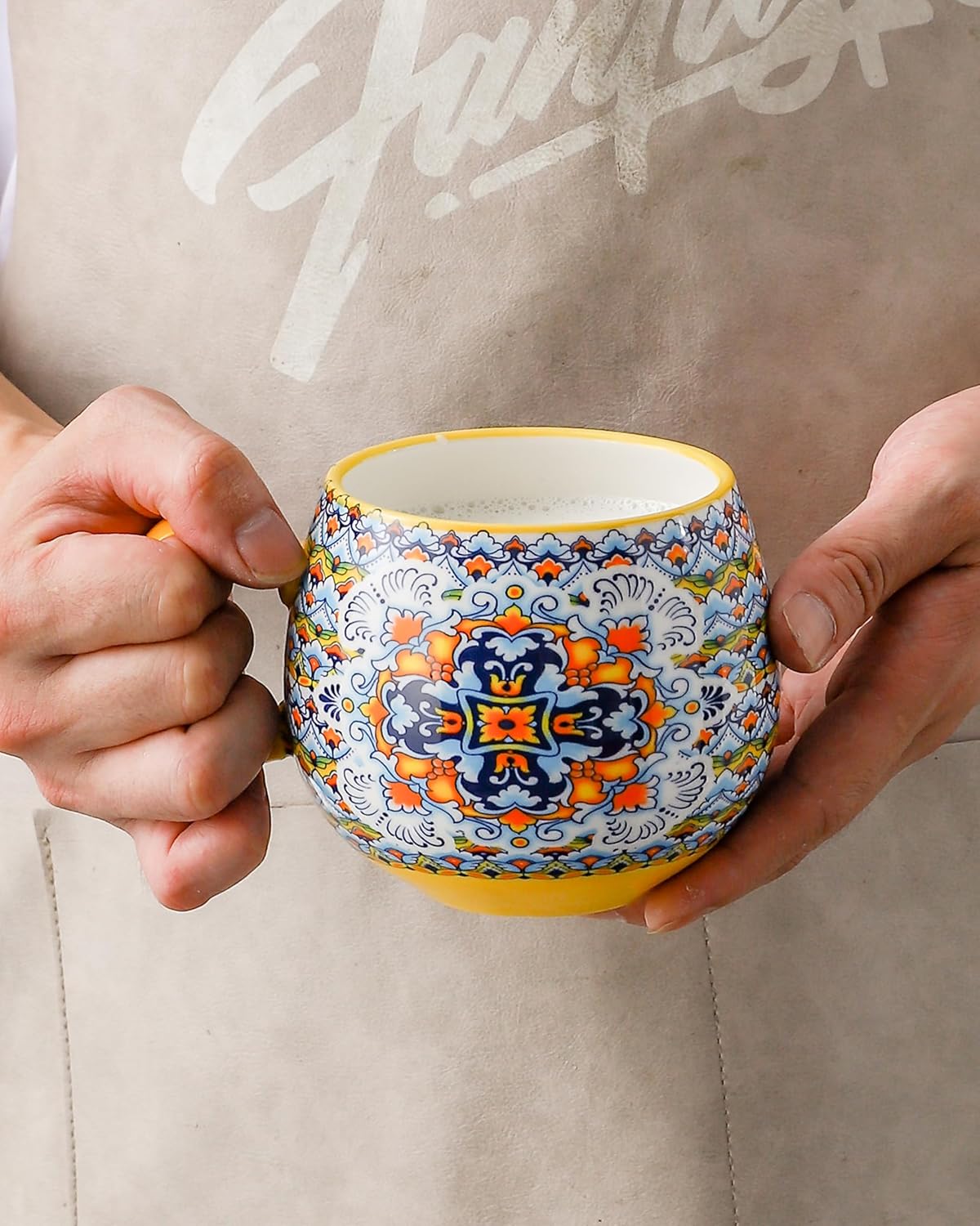 HENXFEN LEAD Boho Coffee Mugs 20 Ounce - Porcelain Cups for Latte, Tea, Cappuccino, Cocoa, Soup, Dishwasher, Microwave Safe, Christmas Gift Set of 6 - Bohemian Style