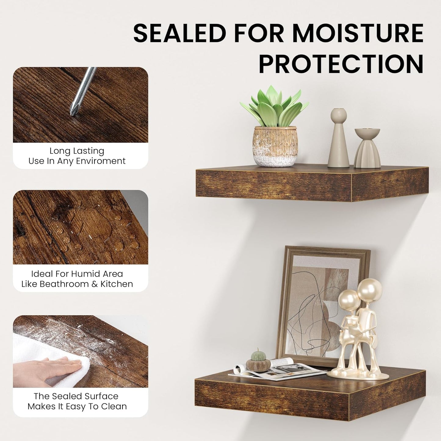 Square Floating Shelves for Wall, 8"W x 8"D x 1.2"H, Small Wooden Wall Mounted Display Shelves with Invisible Brackets for Living Room, Bedroom, Bathroom, Kitchen Decor, Set of 4, Rustic Brown