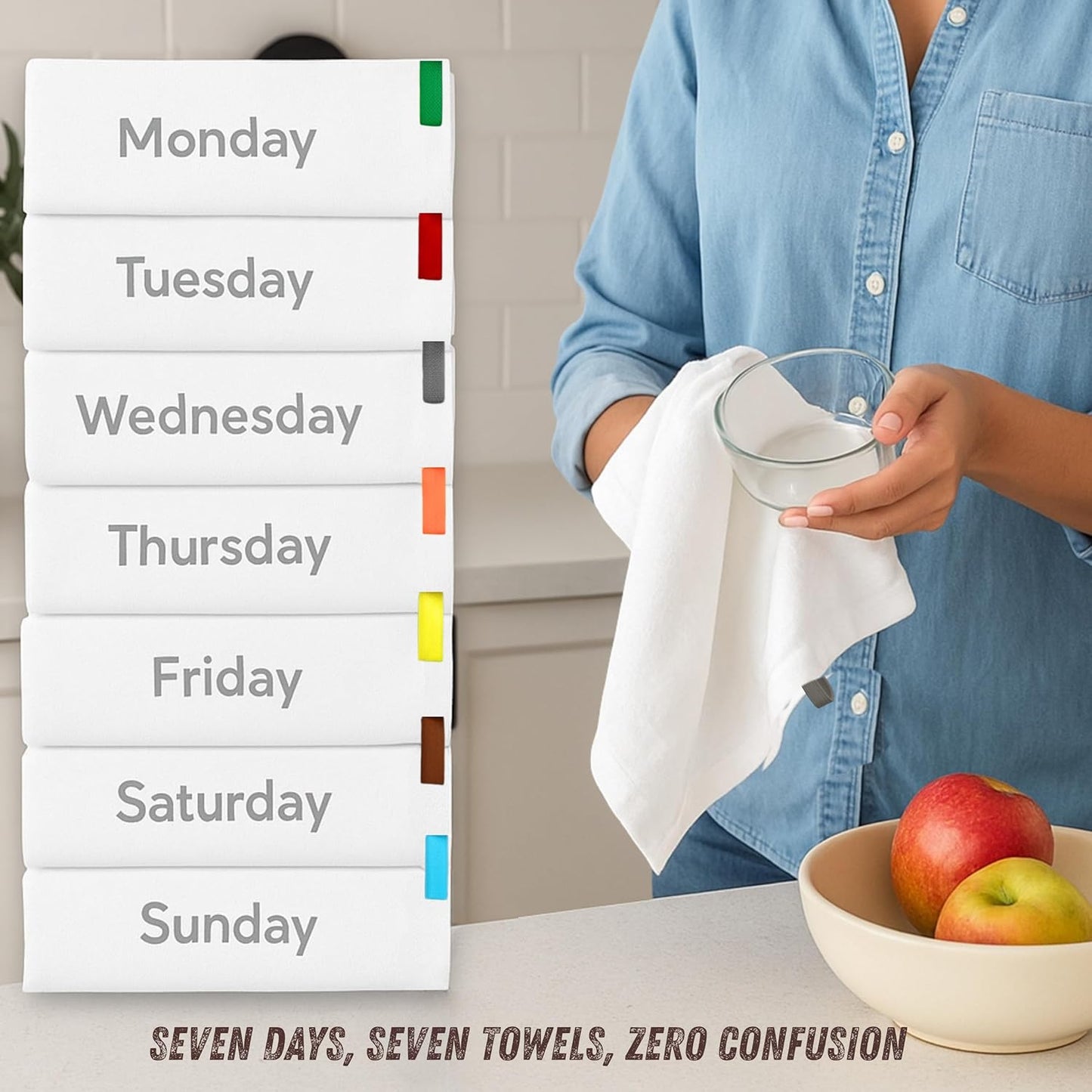 Premium Cotton Kitchen Towels Set of 7 – Ultra Absorbent & Soft Dish Towels with Color Hanging Loops – Quick Dry, Lint-Free Tea Towels for Cooking, Cleaning & Baking - 28" x 28"