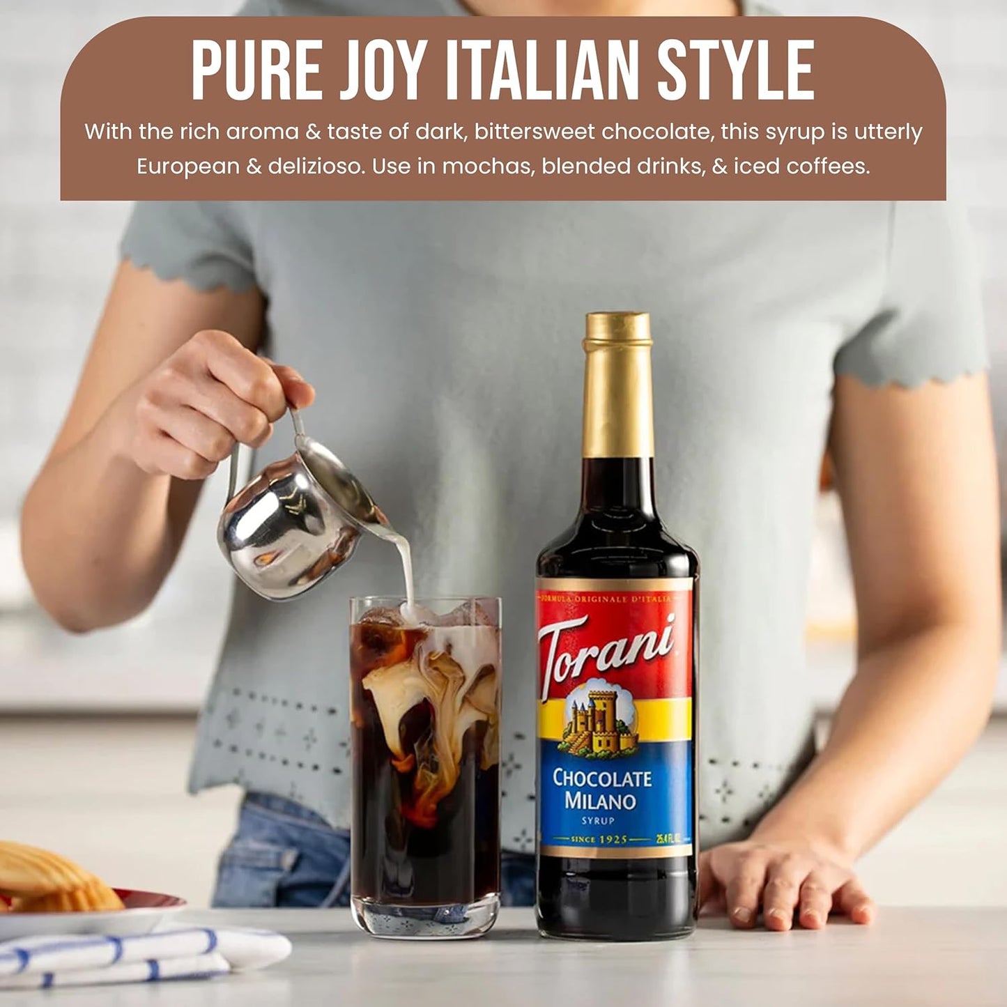 Jimoco® Syrup Pump Dispenser + Torani® Chocolate Milano Syrup, 25.4 oz - Coffee Syrup Pump & Flavoring Bundle