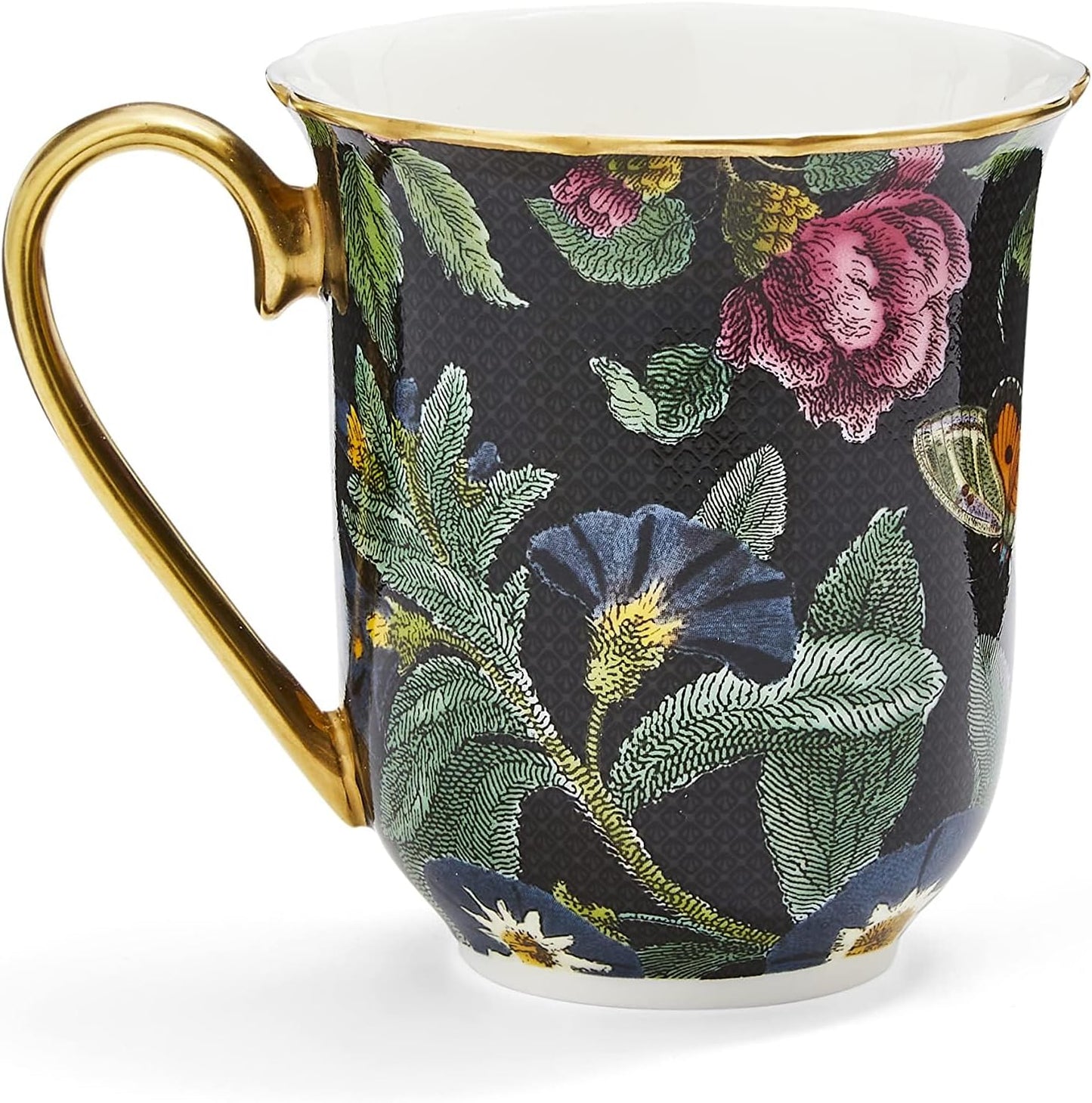Spode Creatures of Curiosity 12oz Fine China Mug, Black Floral Pattern - Porcelain Tea & Coffee Cup with 22ct Gold Handle and Rim - Elegant Vintage Inspired Drinkware, Boxed for Gifting