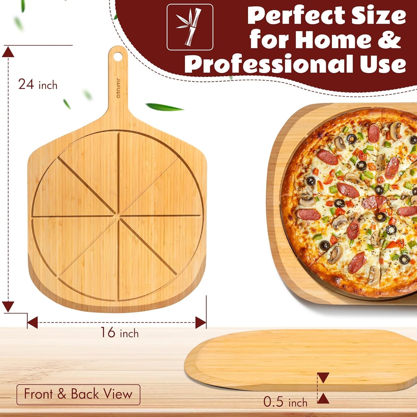 Wood Pizza Peel 16 Inch Pizza Paddle Spatula Serving Board Bamboo Pizza Cutting Boards with 8 Slice Grooves and Handle for Kitchen Oven Pastry Pizzas