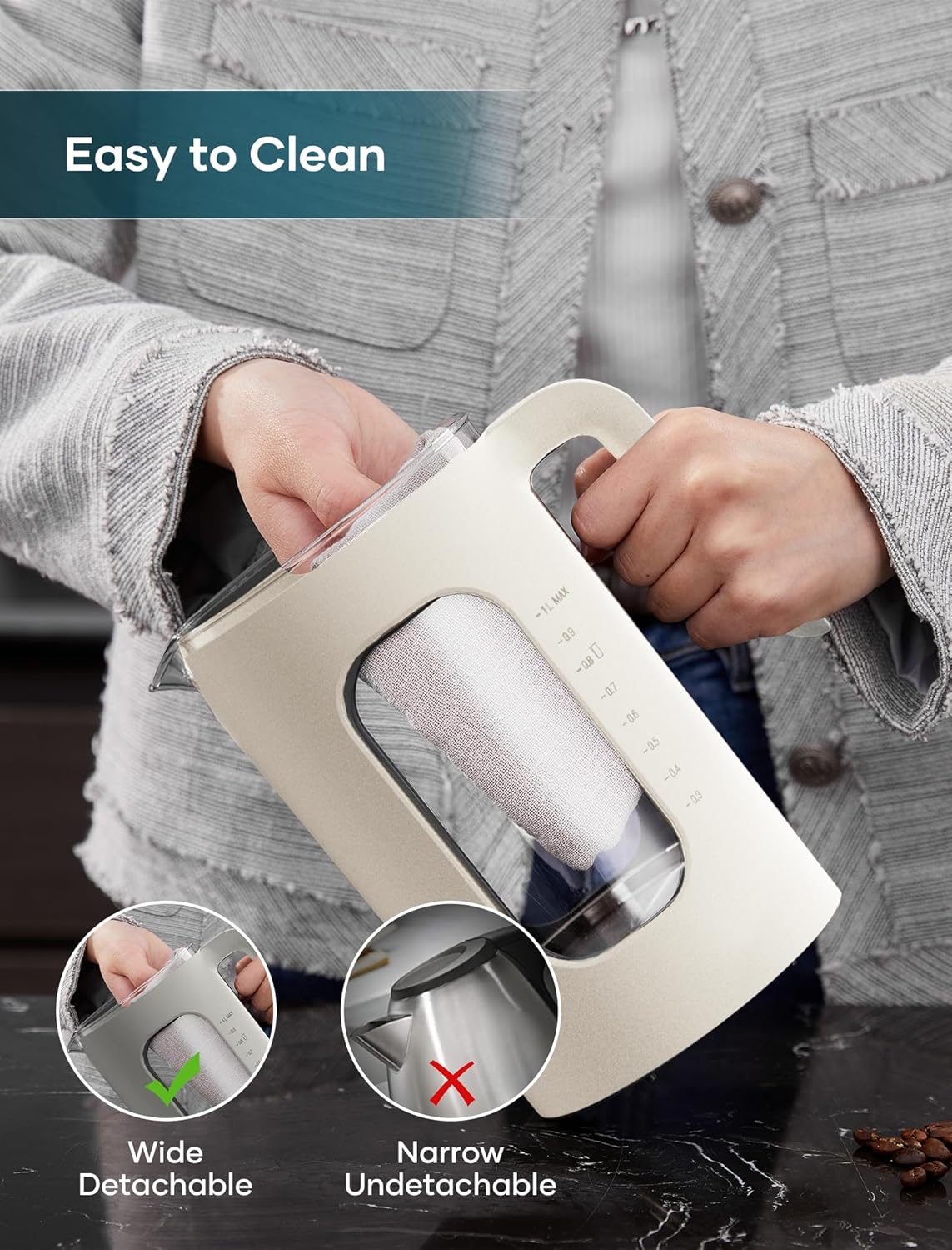 Electric Tea Kettle, INTASTING Glass Electric Kettle with tea Infuser and Precise knob temperature control, 1200W Fast Heating, BPA-Free, Easy to Clean, for Tea and coffee, 1 Liter (Cream White)