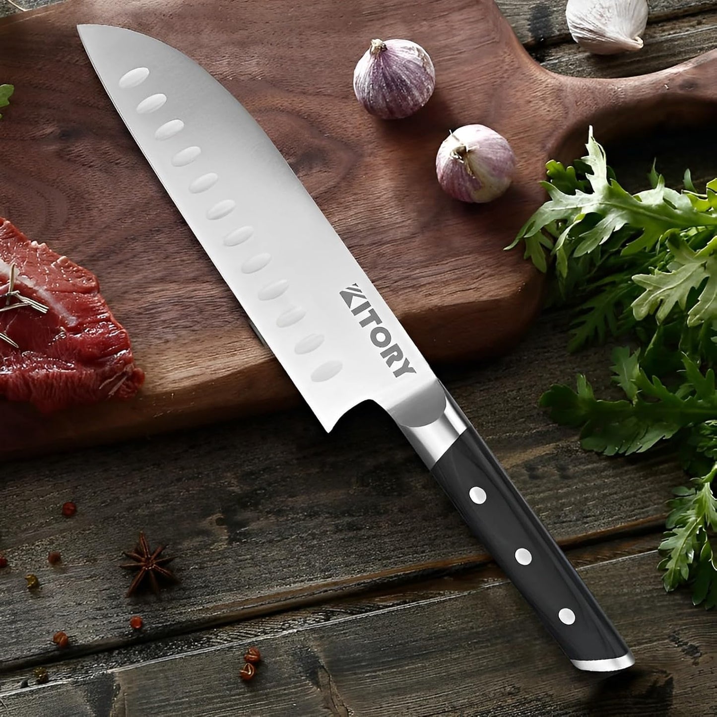 Kitory Santoku Knife - 7 Inch Full Tang GRANTON BLADE Kitchen Knife - Chef Knife for Chopping Vegetables- Forged German High Carbon Steel -2024 Gifts