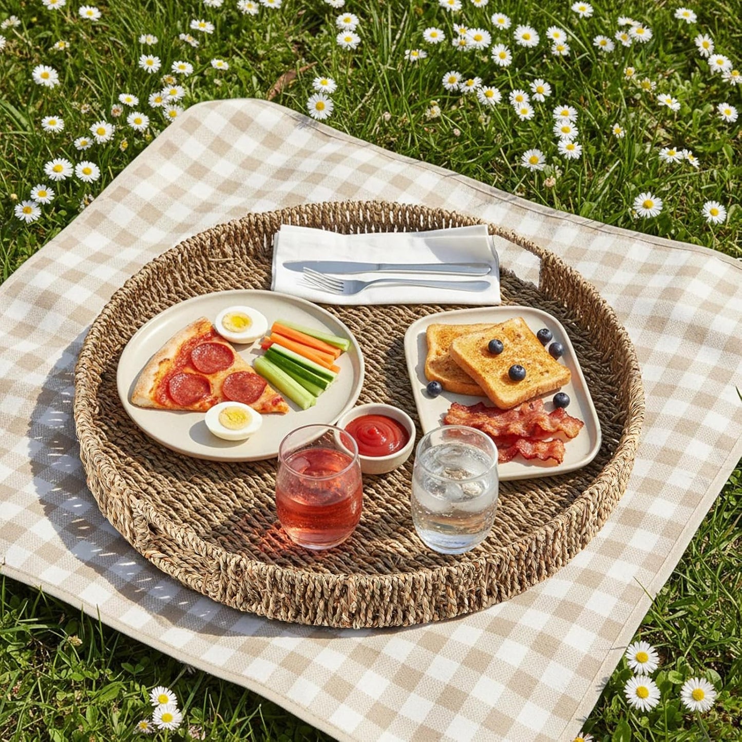Round Ottoman Tray Large Wicker Serving Tray with Handles for Coffee Table, 18 Inch Handwoven Natural Seagrass Tray