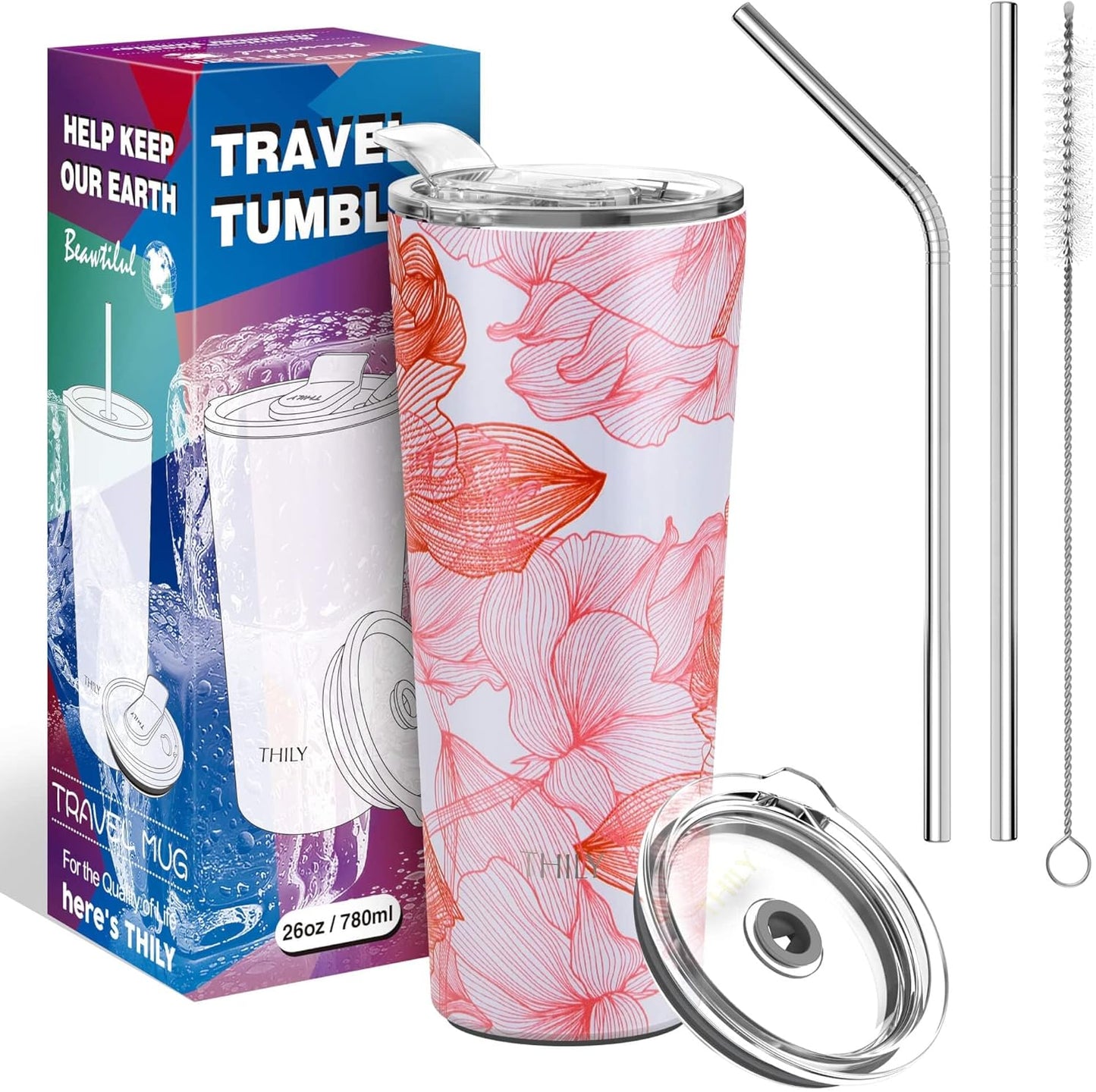 THILY Tumbler Stainless Steel Coffee Cup 26 oz Triple-Insulated Travel Mug with Splash-Proof Lid, Reusable, BPA Free, for Iced Water and Hot Beverage Smoothies Cup, Red Lotus