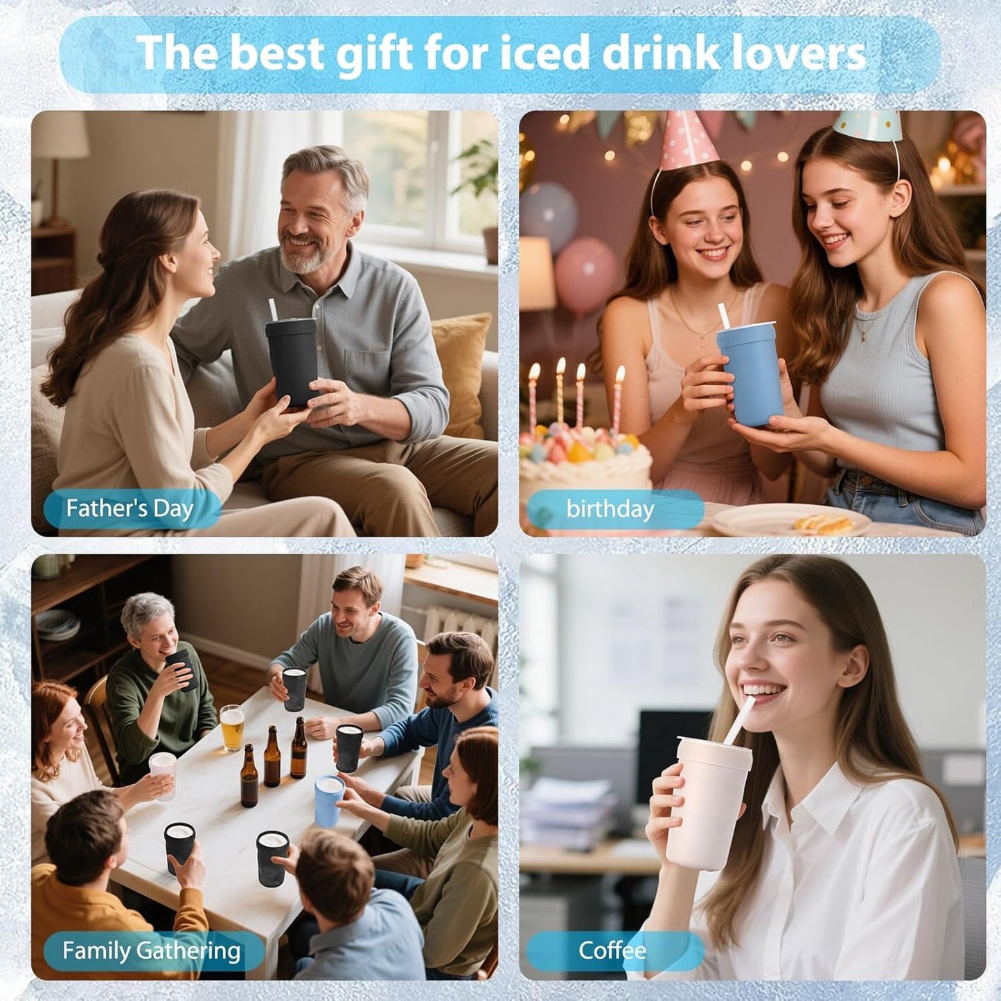 Iced Coffee Tumbler, 45℉ Insulated Beer Mug for Freezer, (Ice-Free) Double-walled Freezable Slushie Cup with Stainless Steel Liner, Travel Coffee Mug Reusable, with Lid and Straw, 16oz (1, Black)