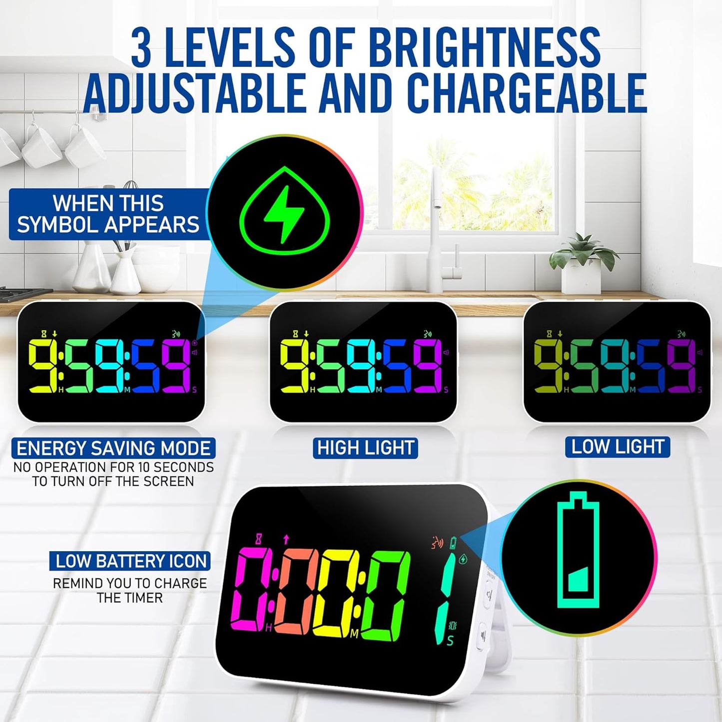 Kitchen Timer (1.5" Number) 10 RGB Color Changing Digital Magnetic Timer, Countdown/Up, Rechargeabilit, 3 Brightness Display, 3 Volume Levels and Vibration Mode, for Classroom, Study, Fitness