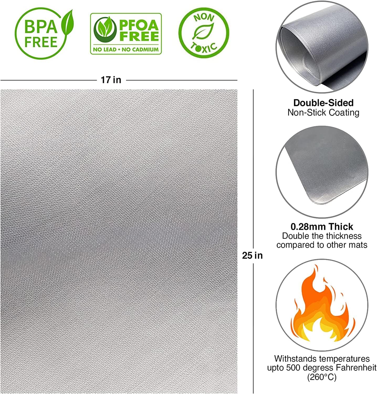 Oven Liners for Bottom of Oven Silver (2-pack) Bundled with Rack Shields (2-pack) - Large Mat for Bottom of Stove (17"x 25") and 14" Silicone Rack Protectors - Reusable & Heat Resistant