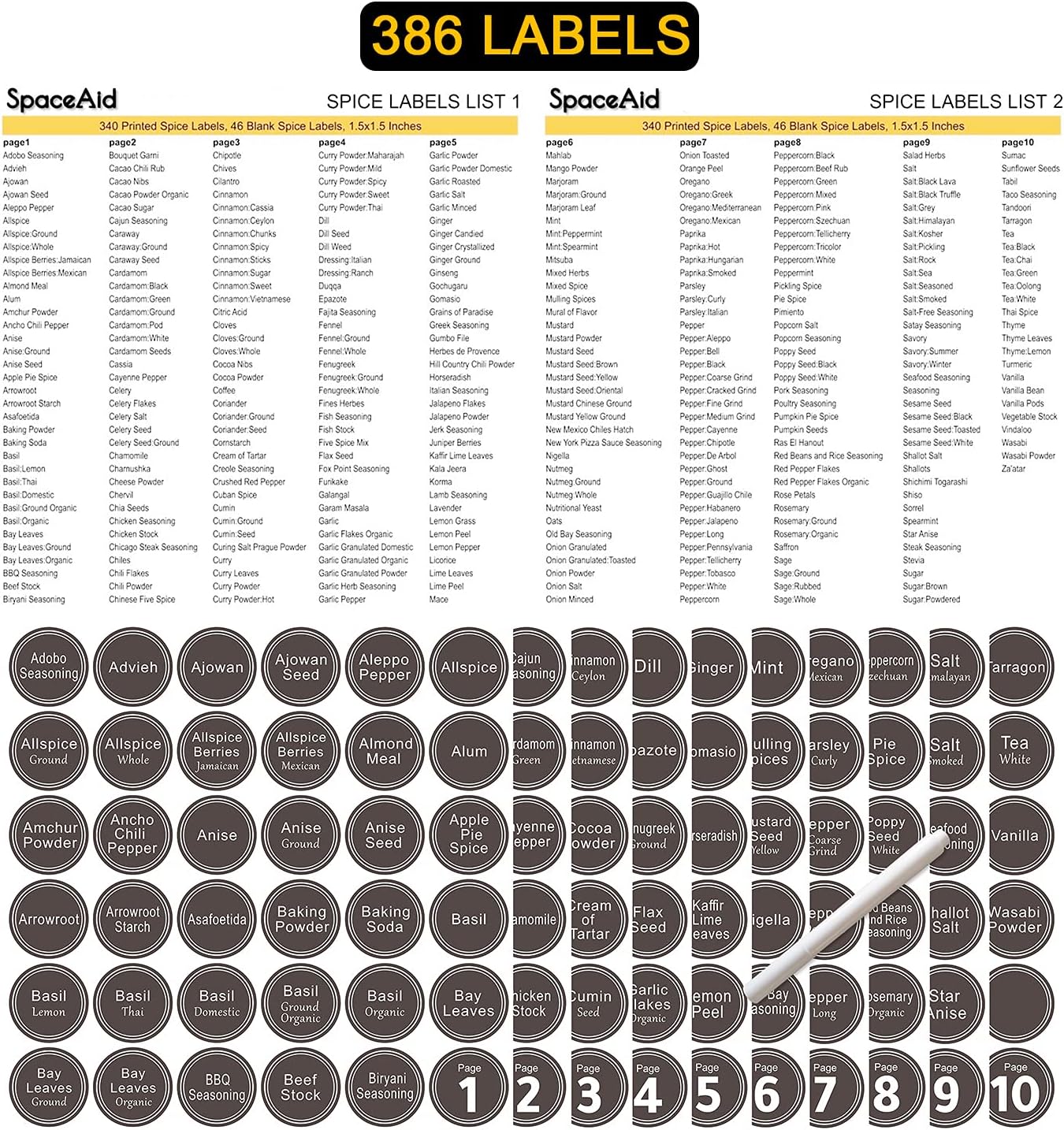 SpaceAid Spice Rack Organizer with 36 Spice Jars, 386 Spice Labels, Chalk Marker and Funnel Set for Cabinet, Countertop, Pantry, Cupboard or Door & Wall Mount - 36 Jars, 17.2" W × 10.8" H, Black